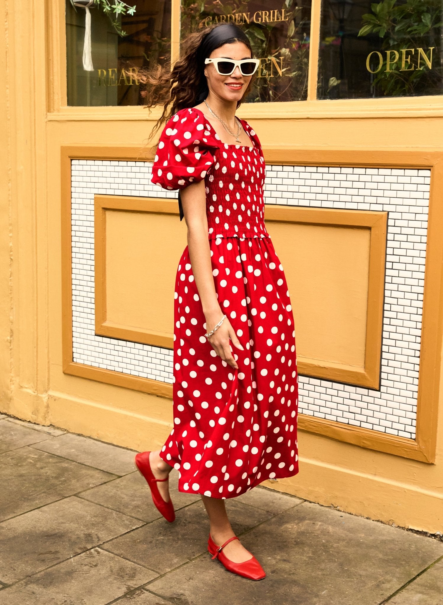 Alicia Organic Cotton Smock Midi Dress - Crimson Polka