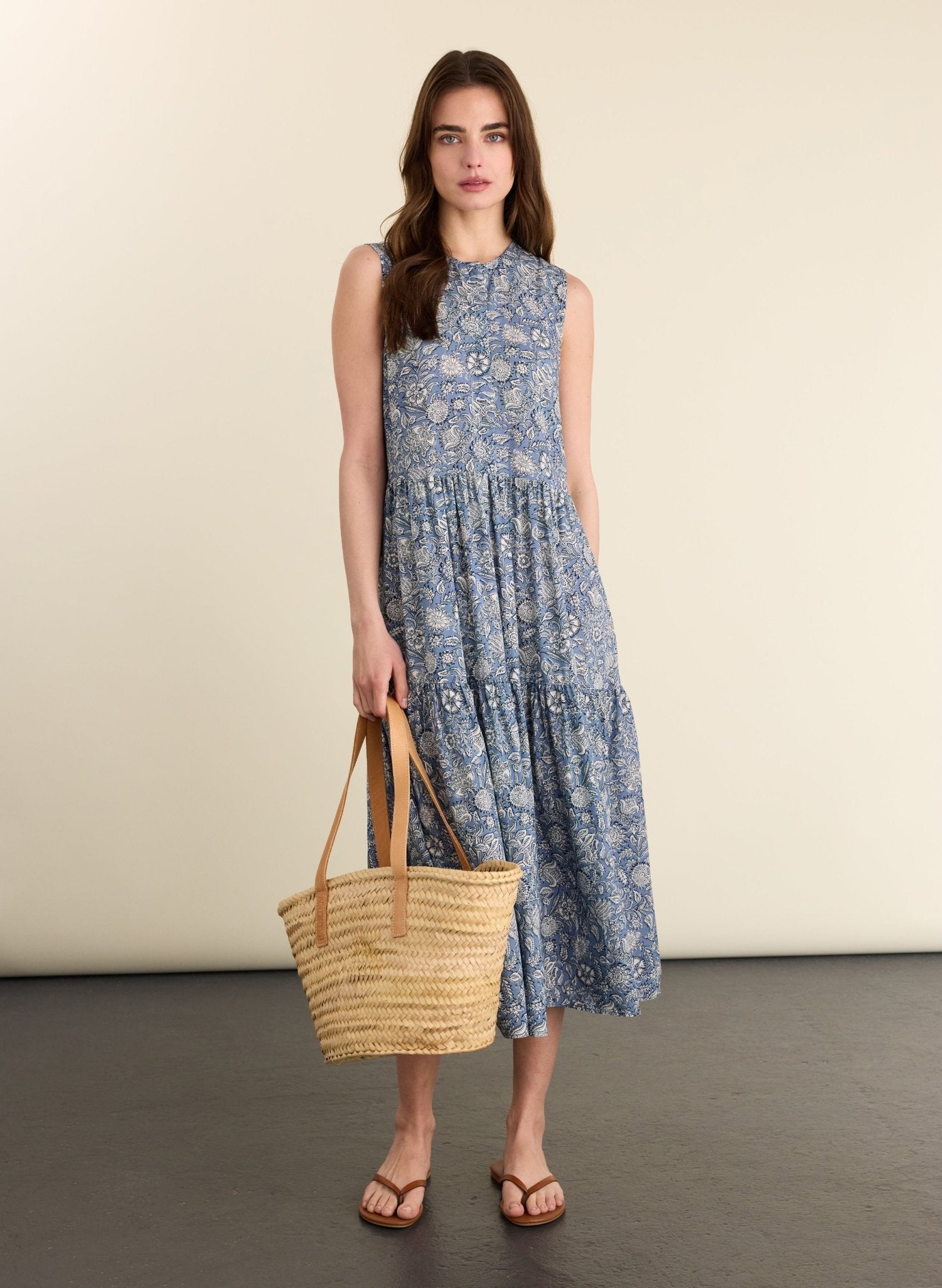 Annmarie Sleeveless Printed Dress - Denim Woodblock Print | Baukjen Annmarie Sleeveless Printed Dress - Denim Woodblock Print | Baukjen