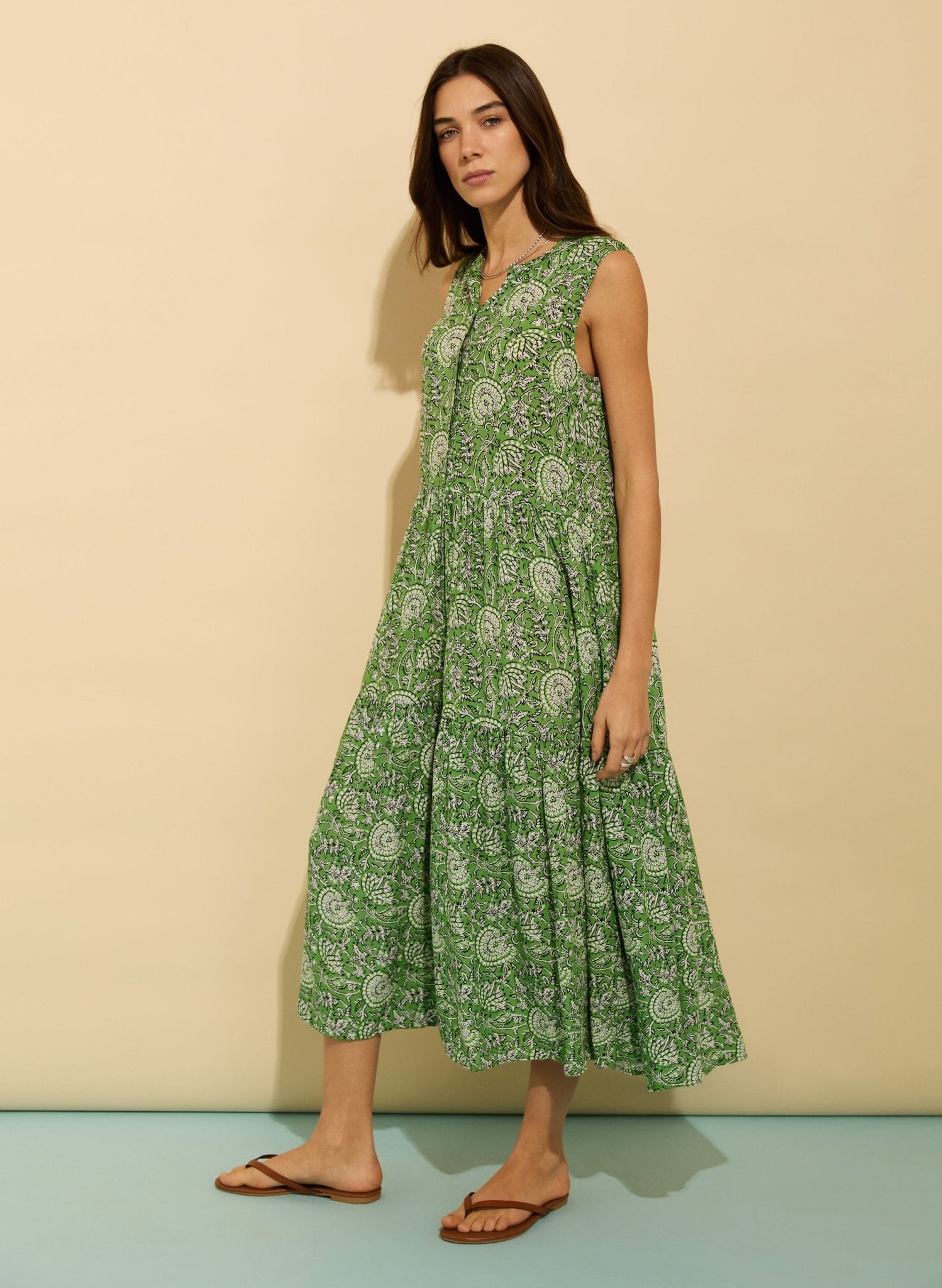 Annmarie Sleeveless Printed Dress - Green Woodblock Floral | Baukjen Annmarie Sleeveless Printed Dress - Green Woodblock Floral | Baukjen