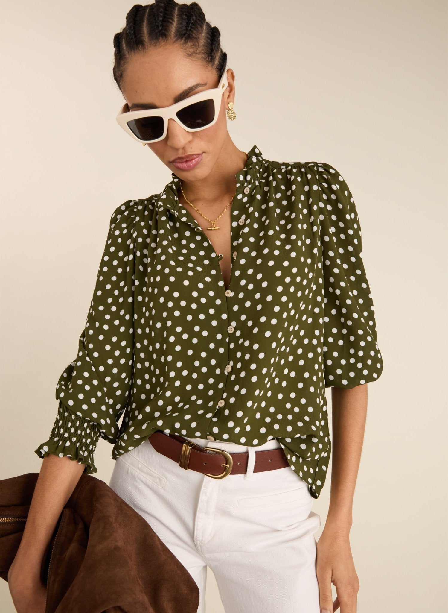 Cela Printed Blouse - Dark Olive Polka