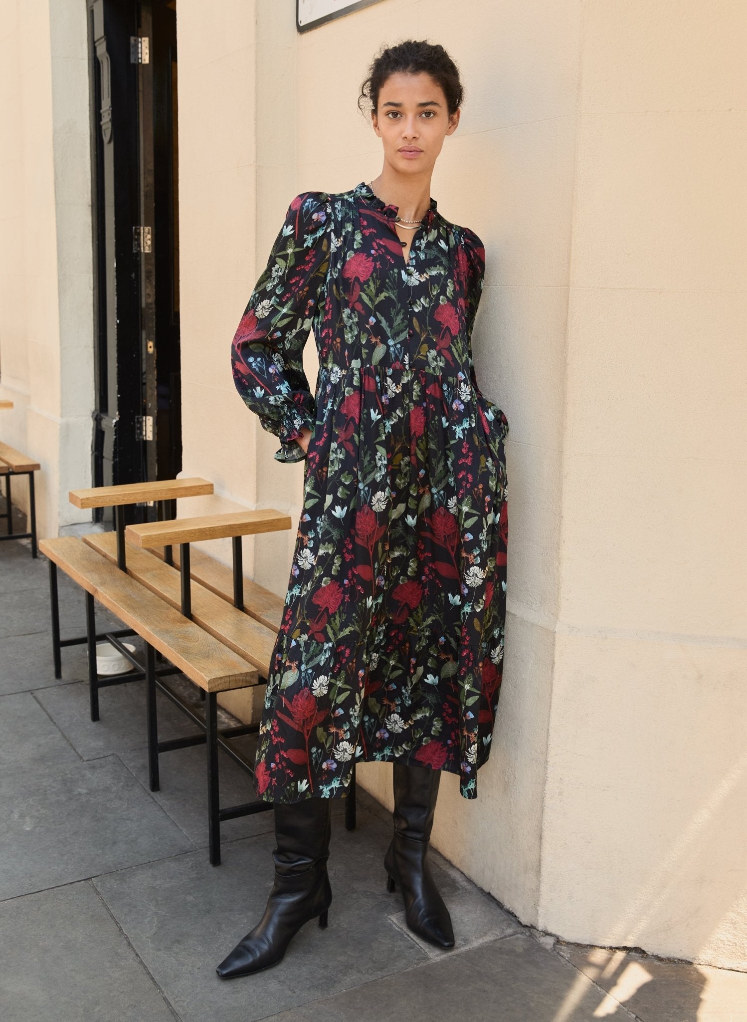 Baukjen Grace Printed Midi Dress Black Botanical Print