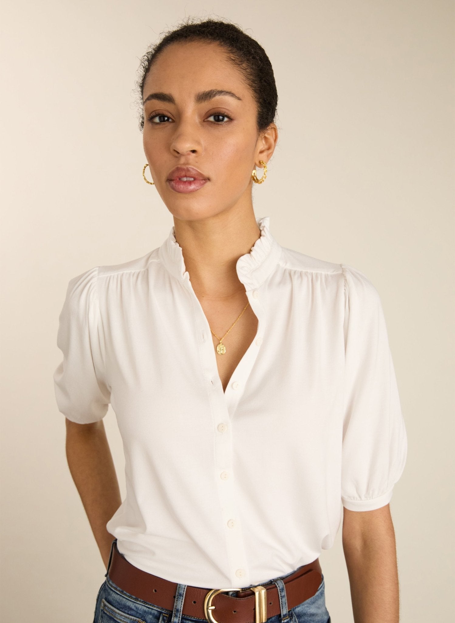 white dress blouse Janey Short Sleeve Blouse - Pure White