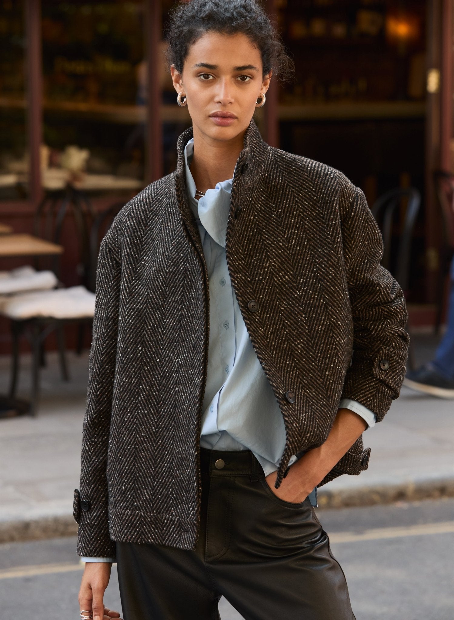 Janine Wool Blend Short Coat - Black & Brown Herringbone | Baukjen