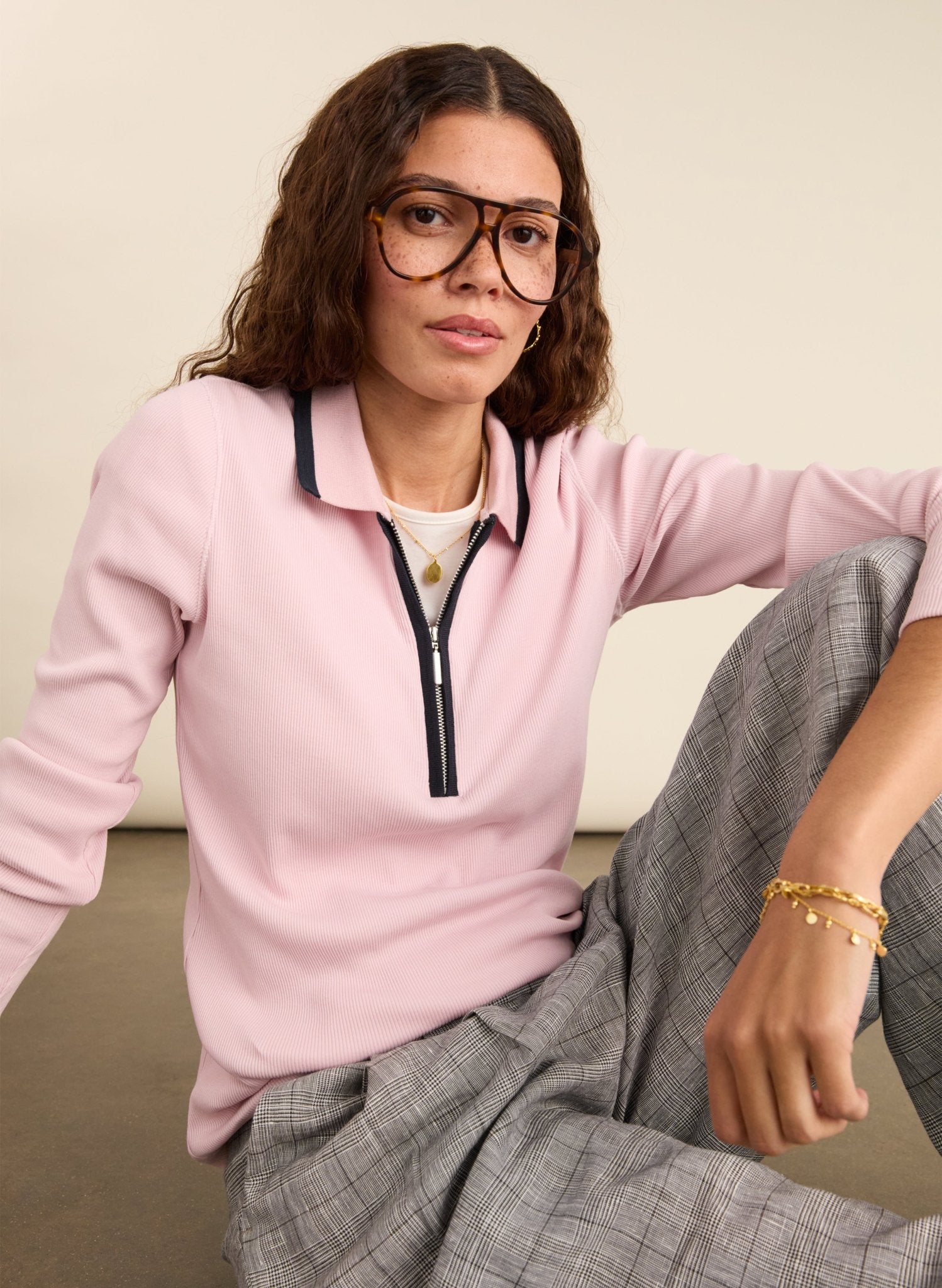 Joely Organic Cotton Rib Zip Collar Top - Pastel Pink & Navy | Baukjen