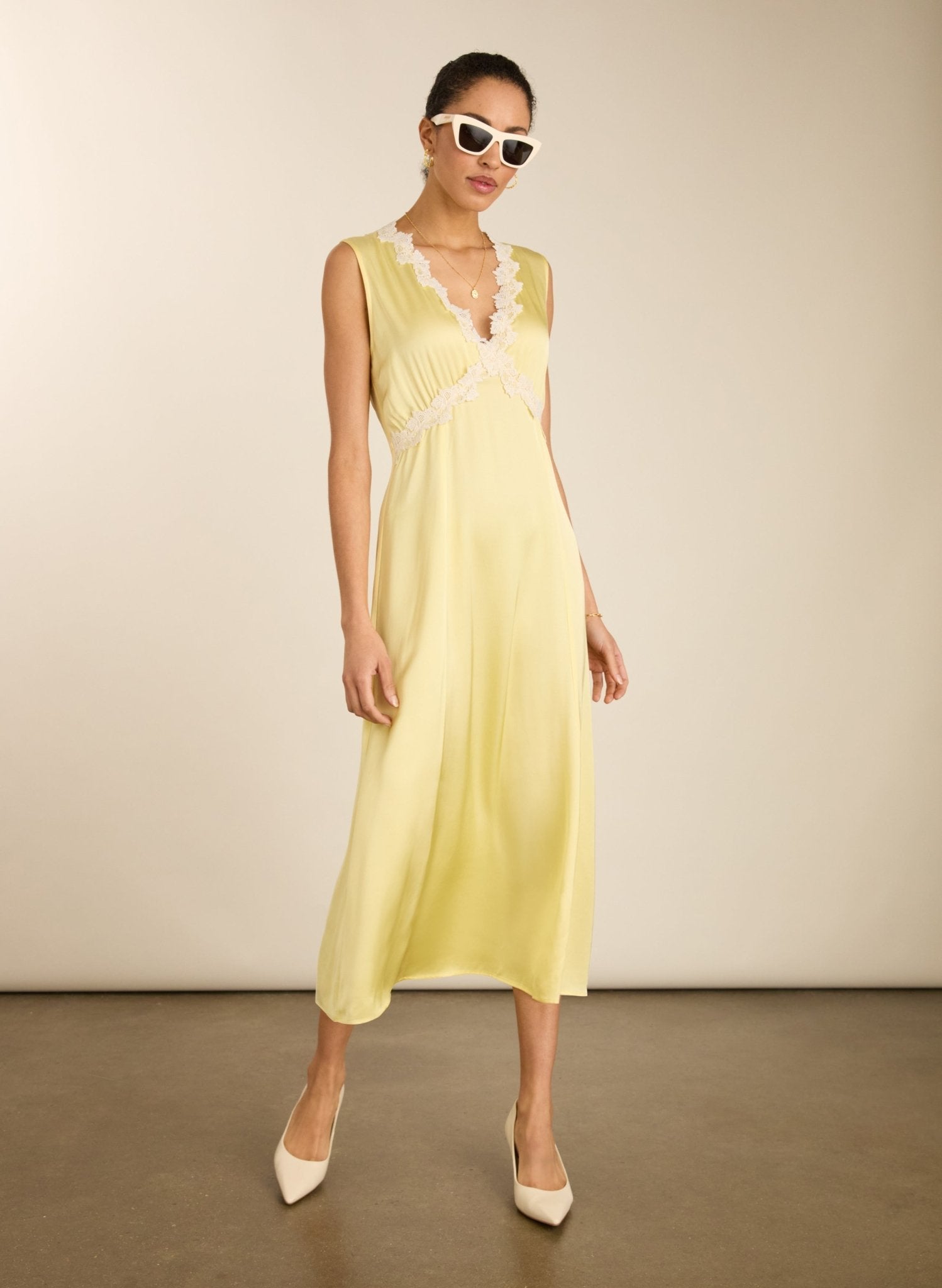 knee length dresses for ladies Marcella Satin Midi Dress - Butter Yellow