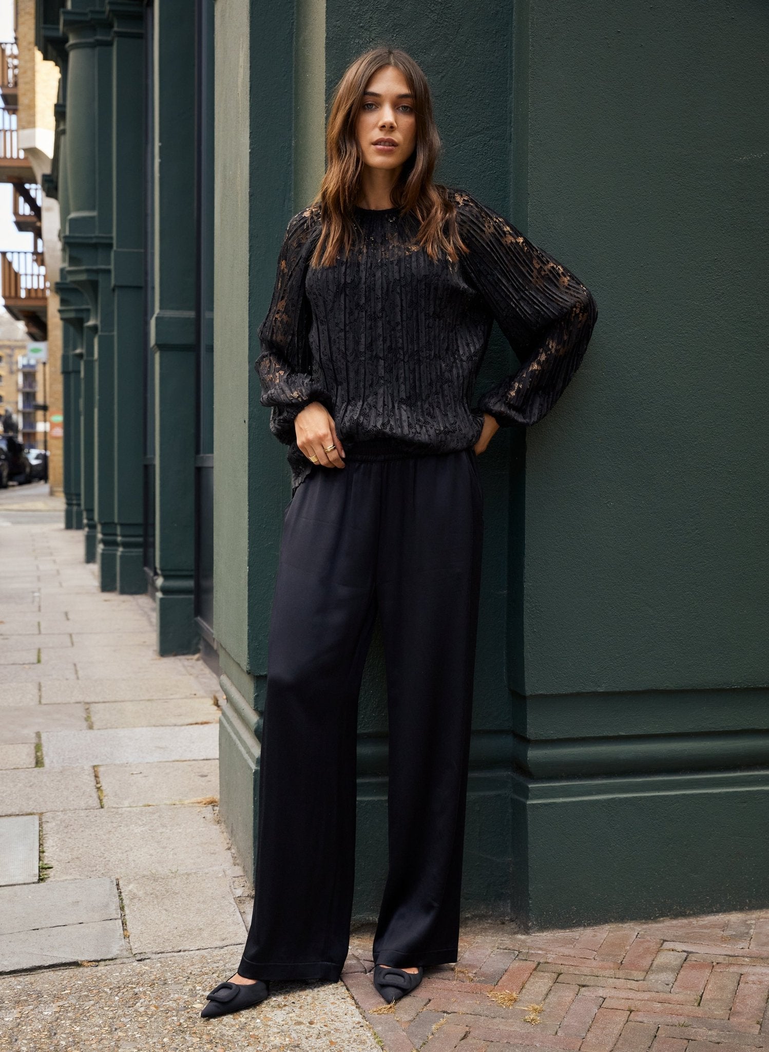 Megan Satin Palazzo Trousers - Caviar Black | Baukjen