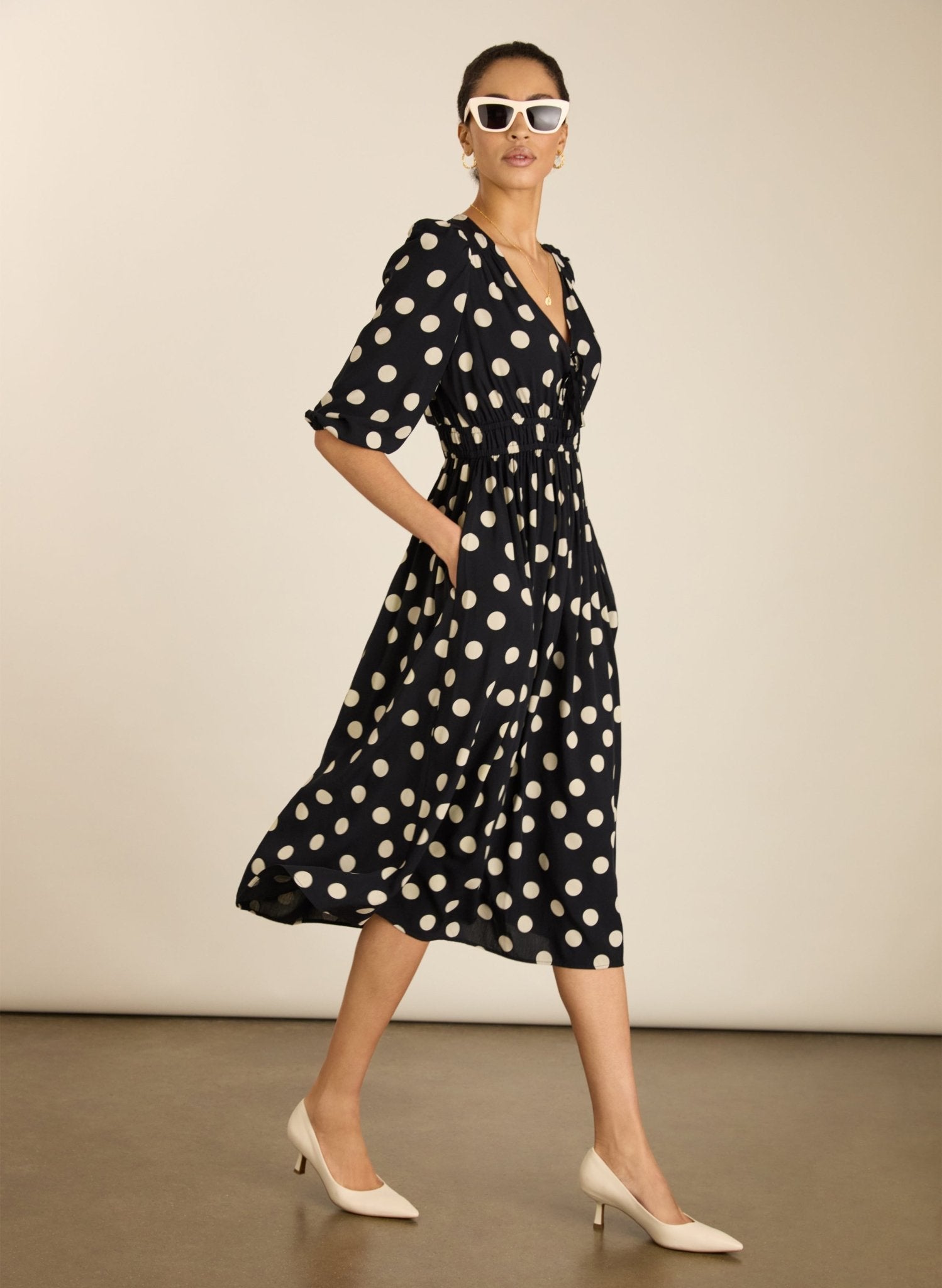 printed polka dot midi dress Olesia Printed Midi Dress - Black Polka Dot Print