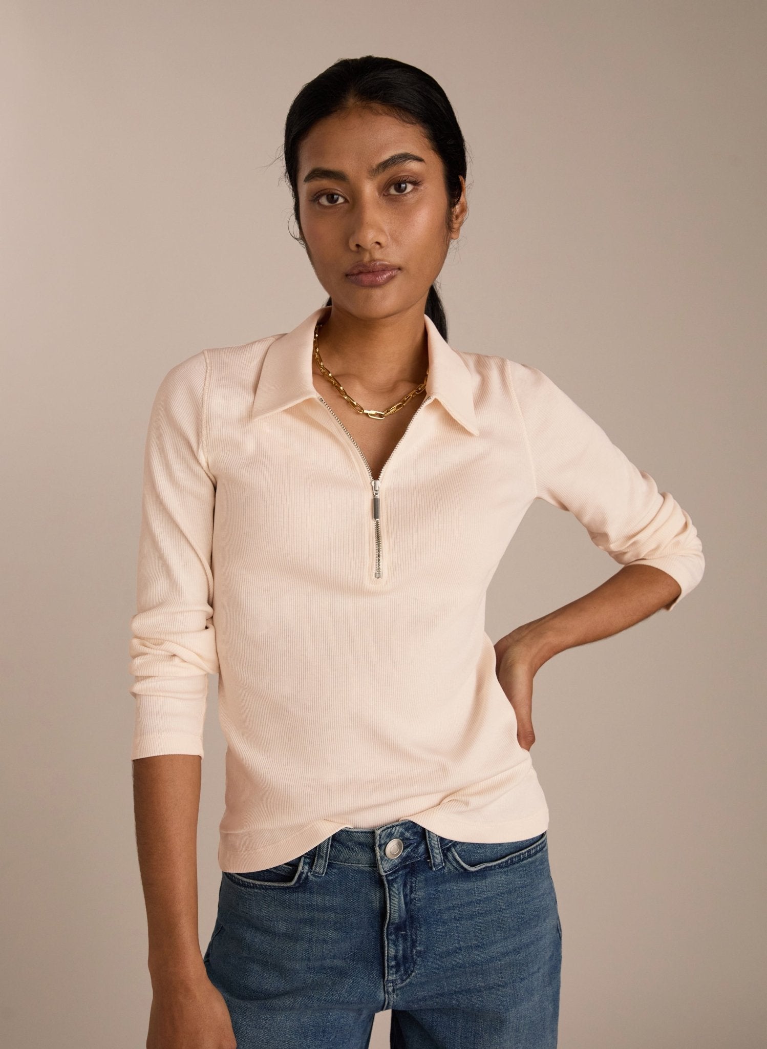 Organic Cotton Zip Collar Top - Peach Cream | Baukjen