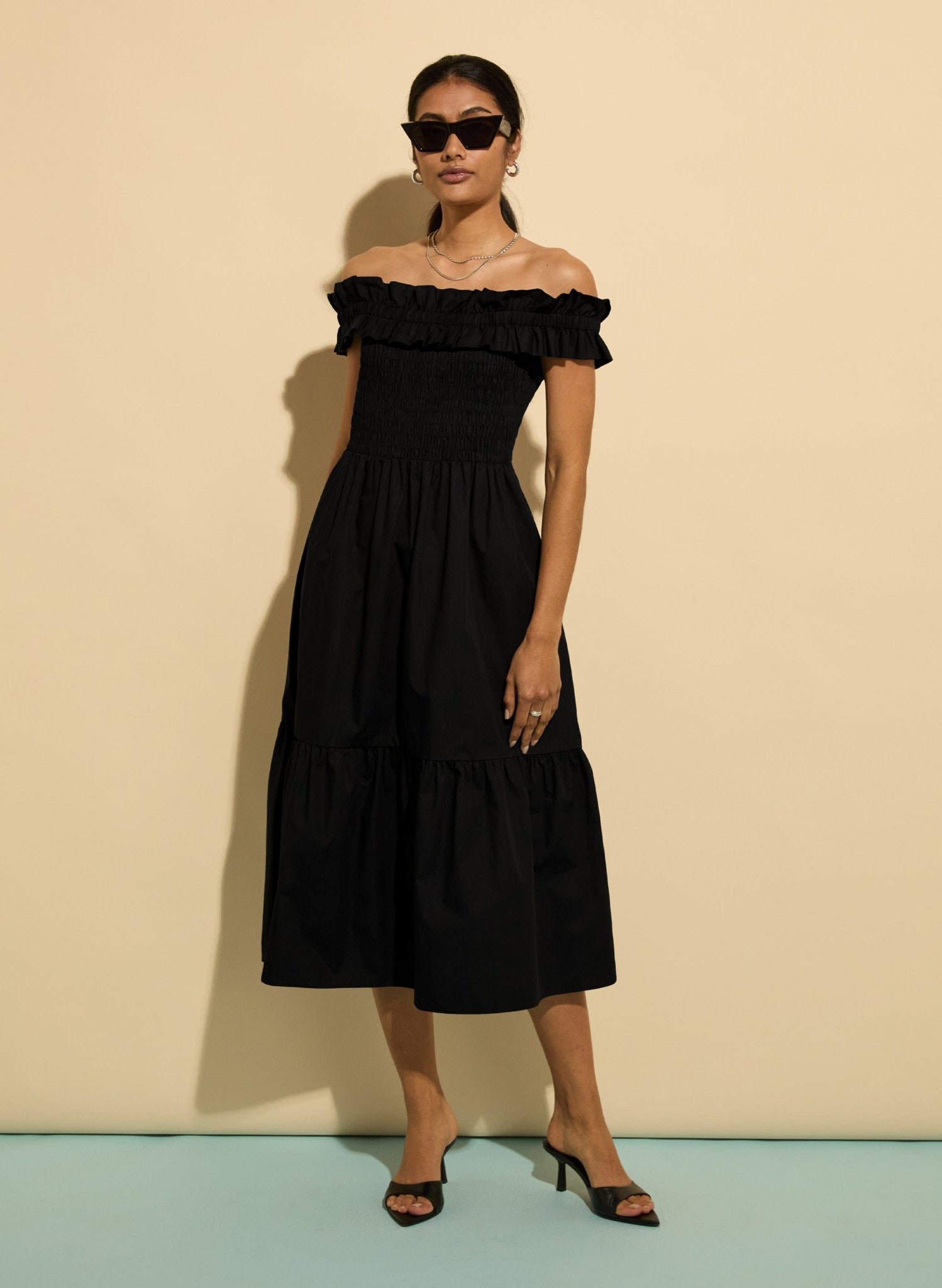 Rafaella Organic Cotton Off Shoulder Midi Dress - Caviar Black | Baukjen Rafaella Organic Cotton Off Shoulder Midi Dress - Caviar Black | Baukjen