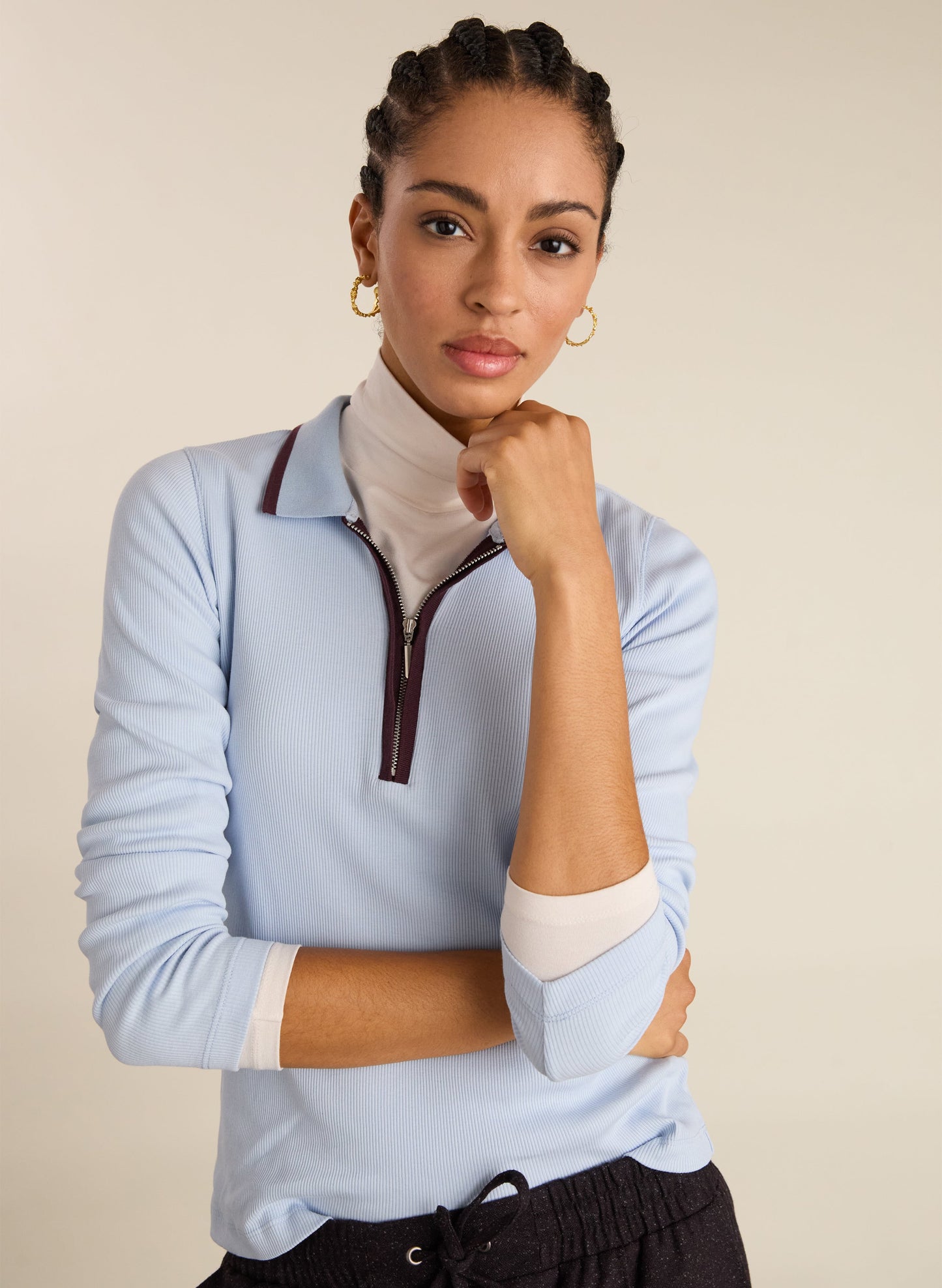 Joely Organic Cotton Rib Zip Collar Top