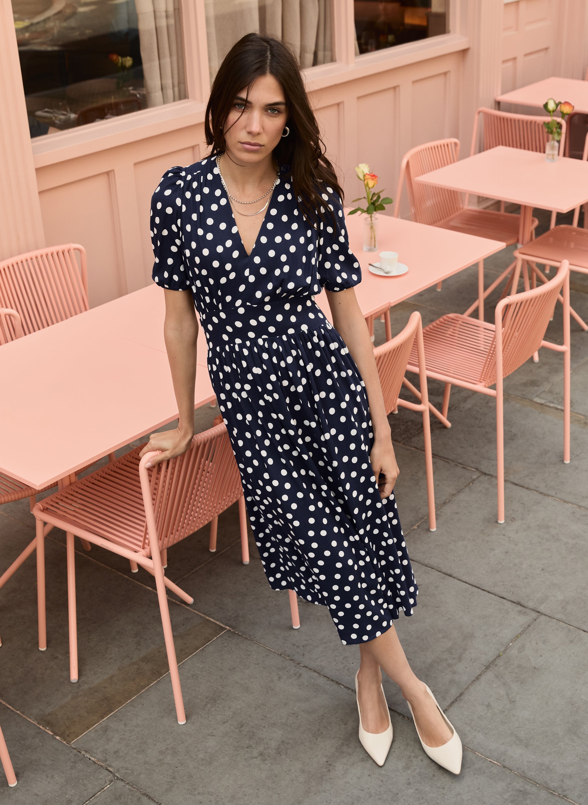 Lina Printed Midi Dress Navy Mini Polka Baukjen - Main Image