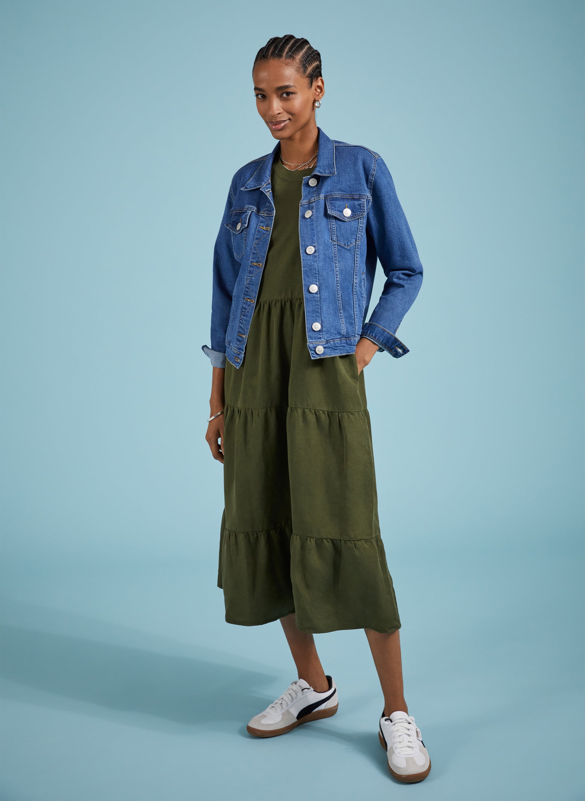 olive green dress with denim jacket Petite Cropped Denim Jacket + Green Gingham Maxi Dress