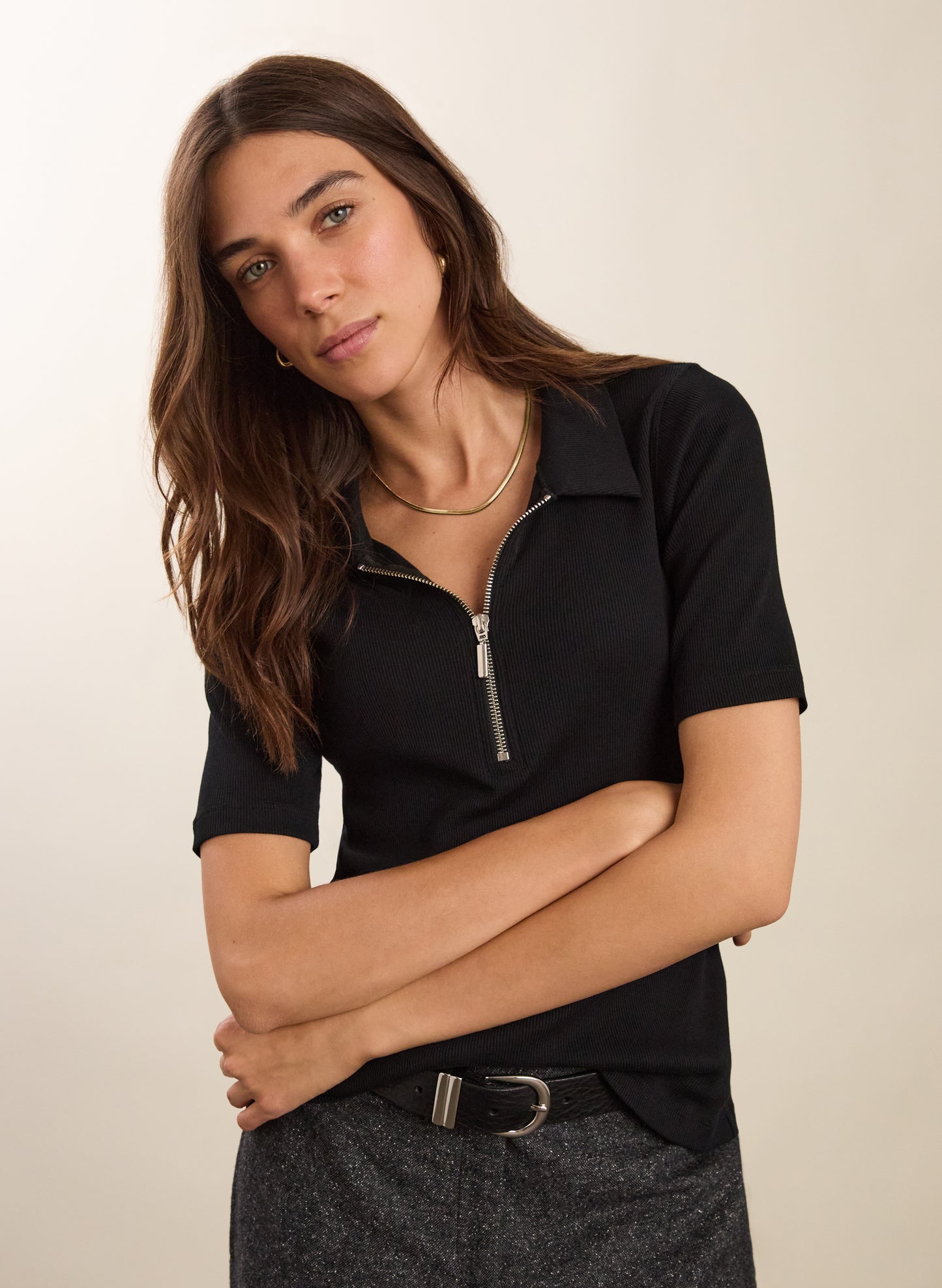 Ivy Organic Rib Zip Collar Top