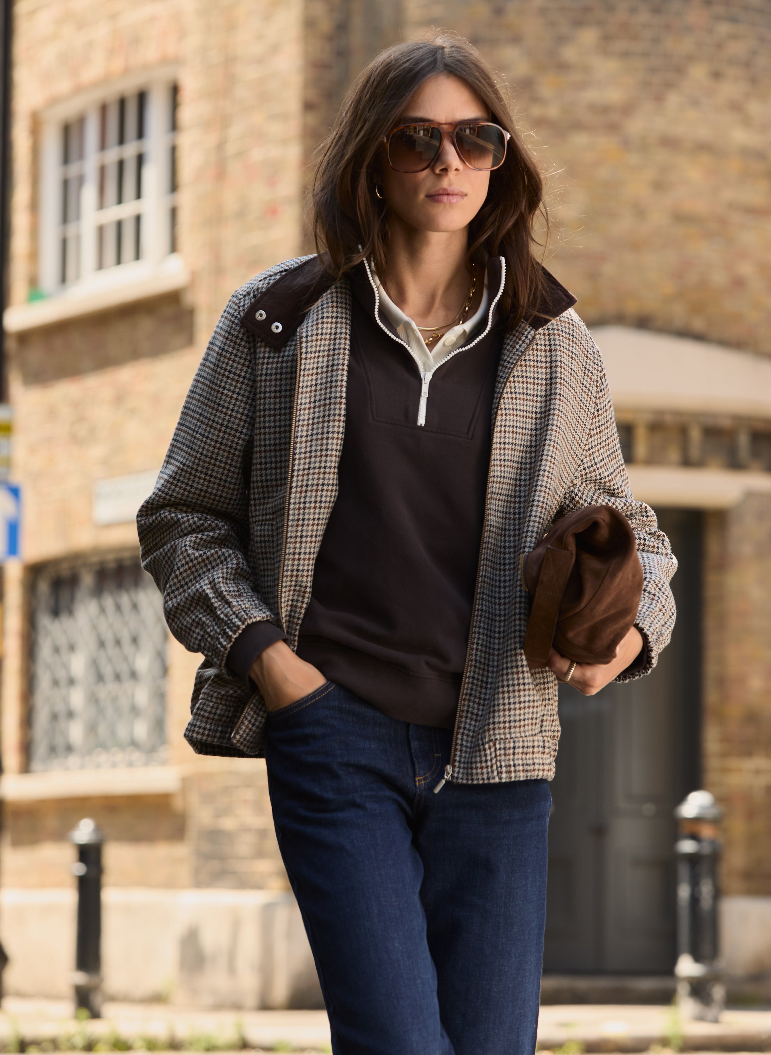 Sibel Wool Blend Tailored Bomber - Neutral Puppytooth Check