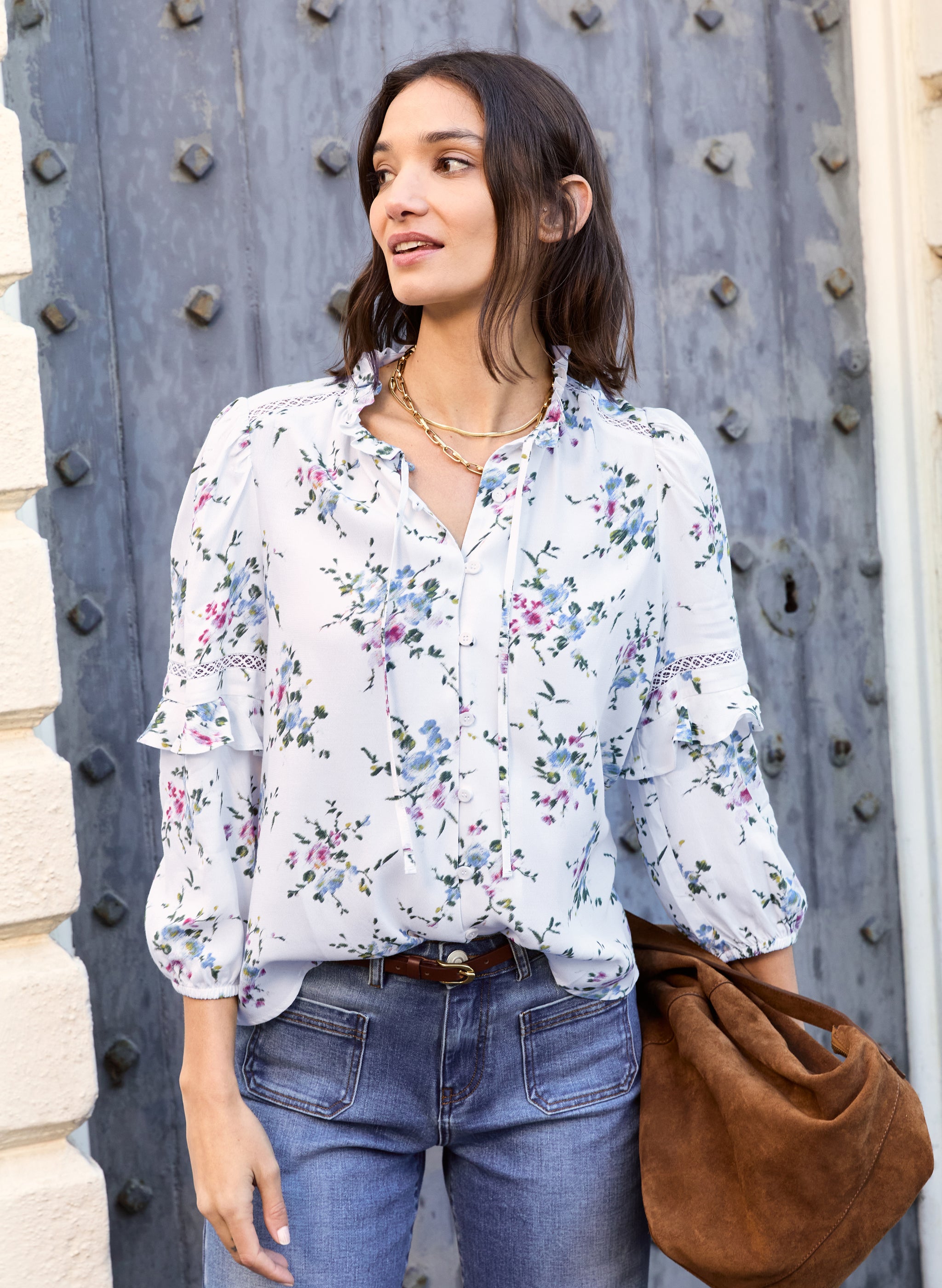 Clemenza Spliced Crop Silk Blouse main image 1