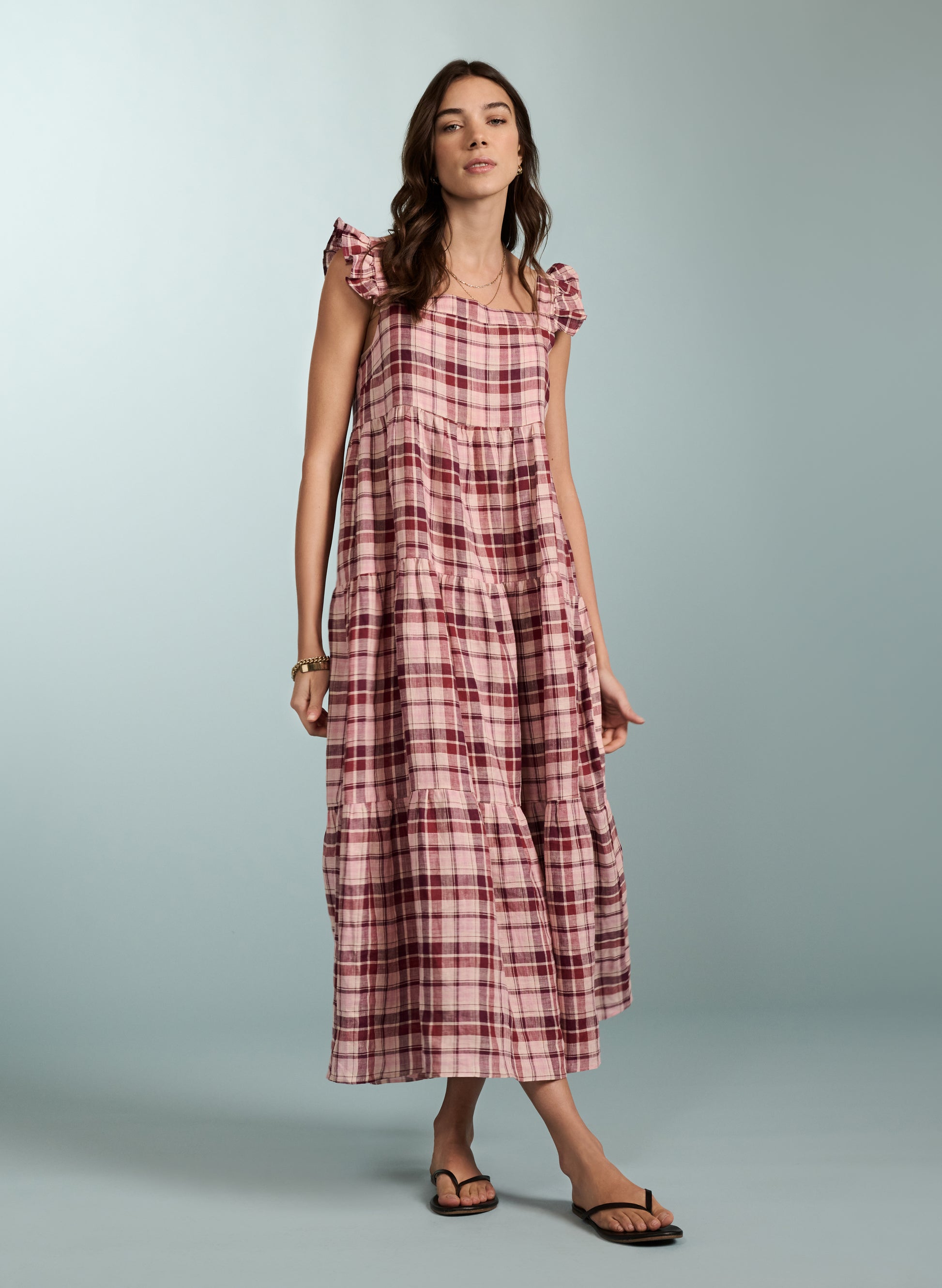 Katie Linen Dress Burgundy Check Baukjen - Main Image