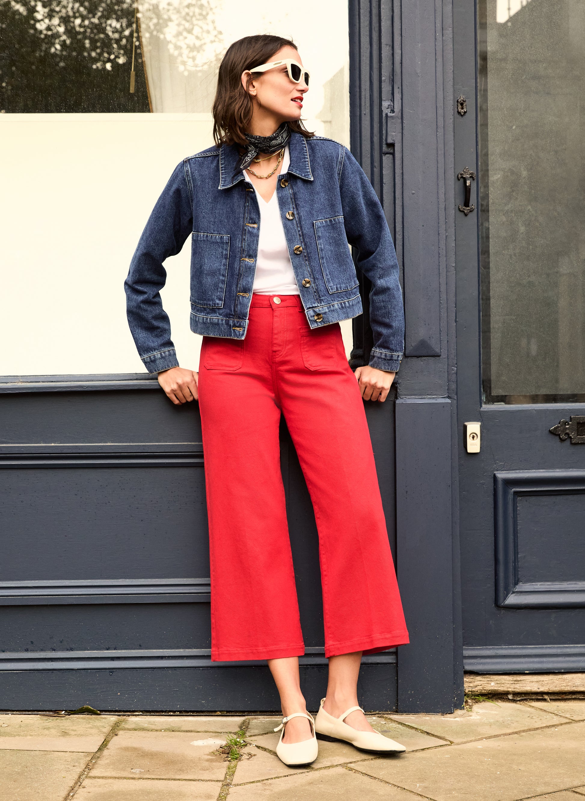 Jena Organic Cotton Stretch Wide Crop Jeans Crimson Red Baukjen