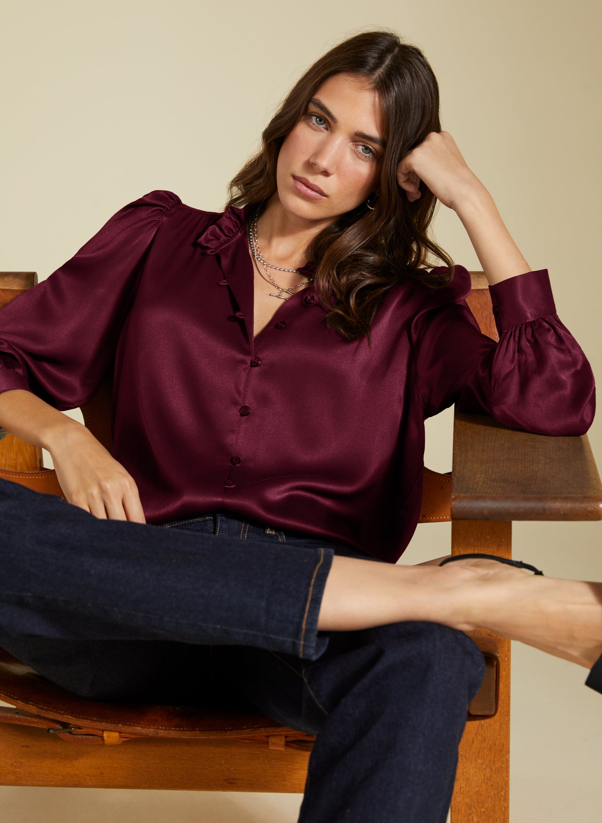 Evelyn Satin Frill Neck Blouse - Burgundy | Baukjen