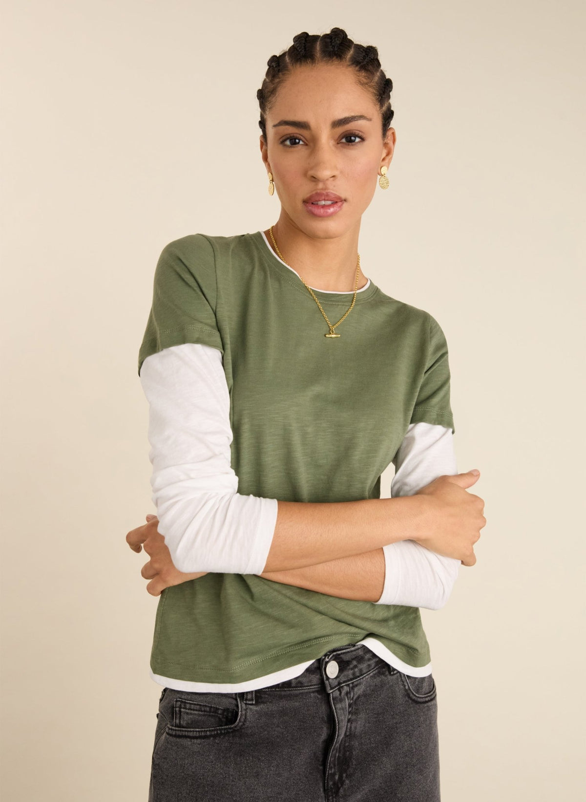 Addie Double Layer Organic Cotton Top - Light Khaki Baukjen