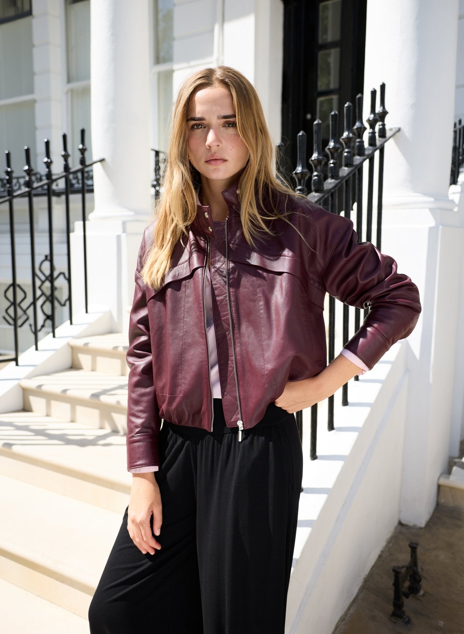 Alara Soft Leather Bomber Jacket - Burgundy Baukjen