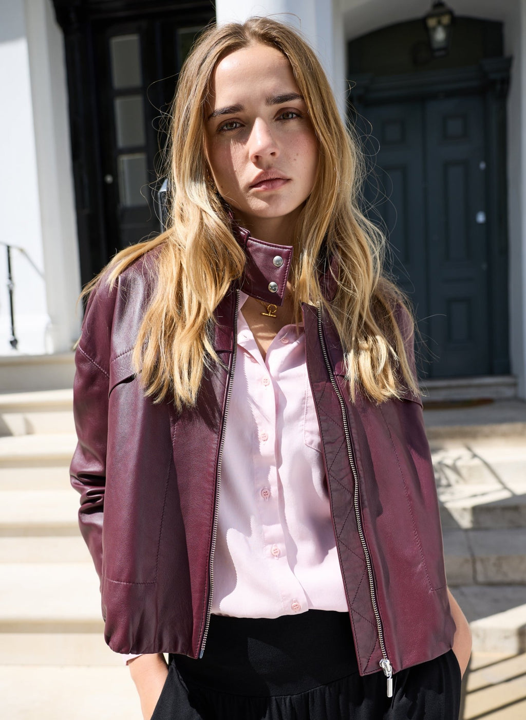 Alara Soft Leather Bomber Jacket - Burgundy Baukjen