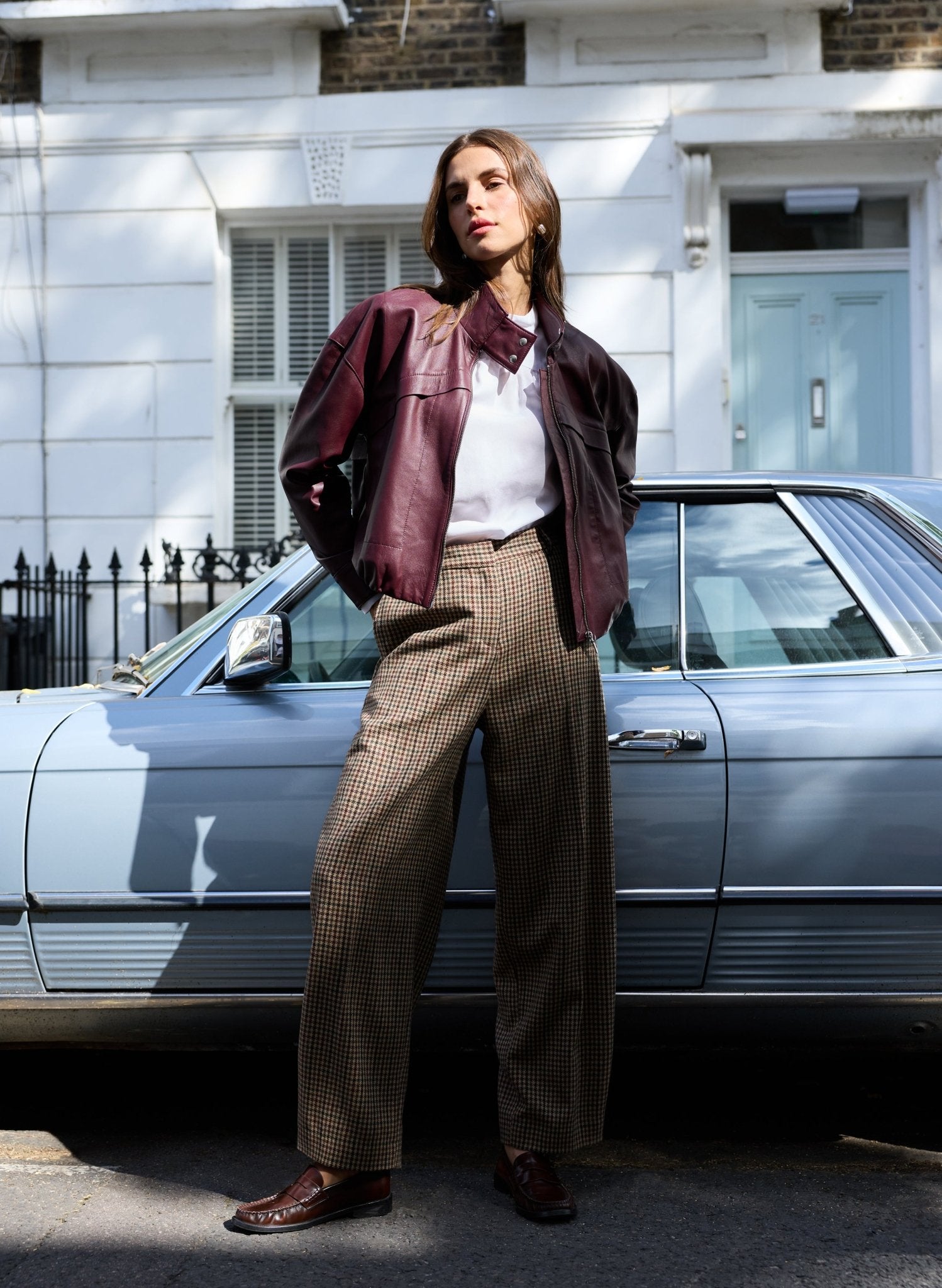 Alex Tailored Barrel Leg Trousers - Neutral Puppytooth Check Baukjen