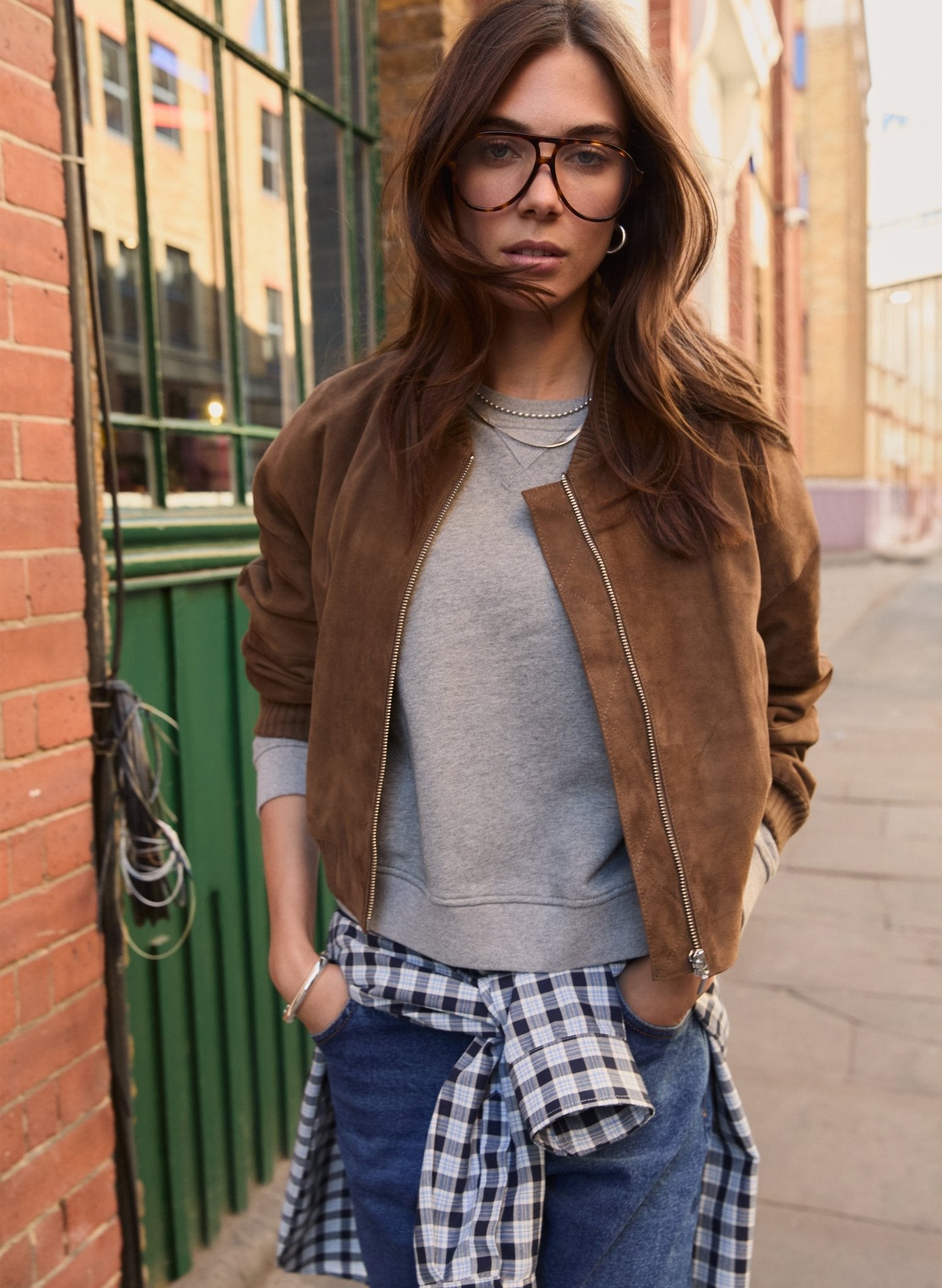 Alexis Suede Cropped Bomber Jacket - Dark Brown Baukjen