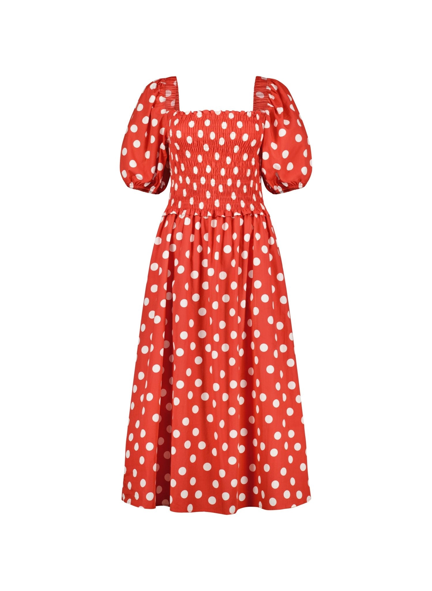 Alicia Organic Cotton Smock Midi Dress - Crimson Polka Baukjen