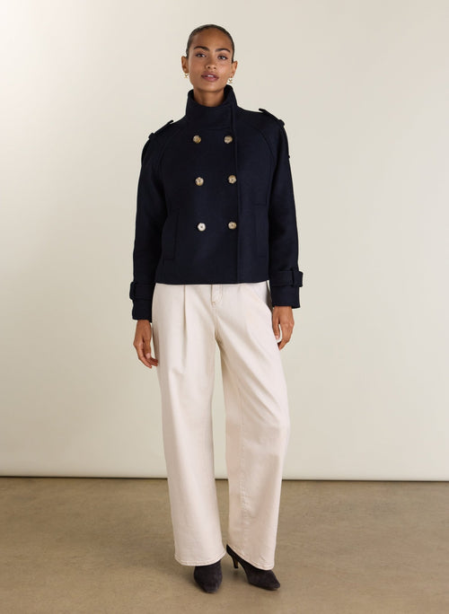 Ally Wool Blend Short Trench Coat - Navy Baukjen