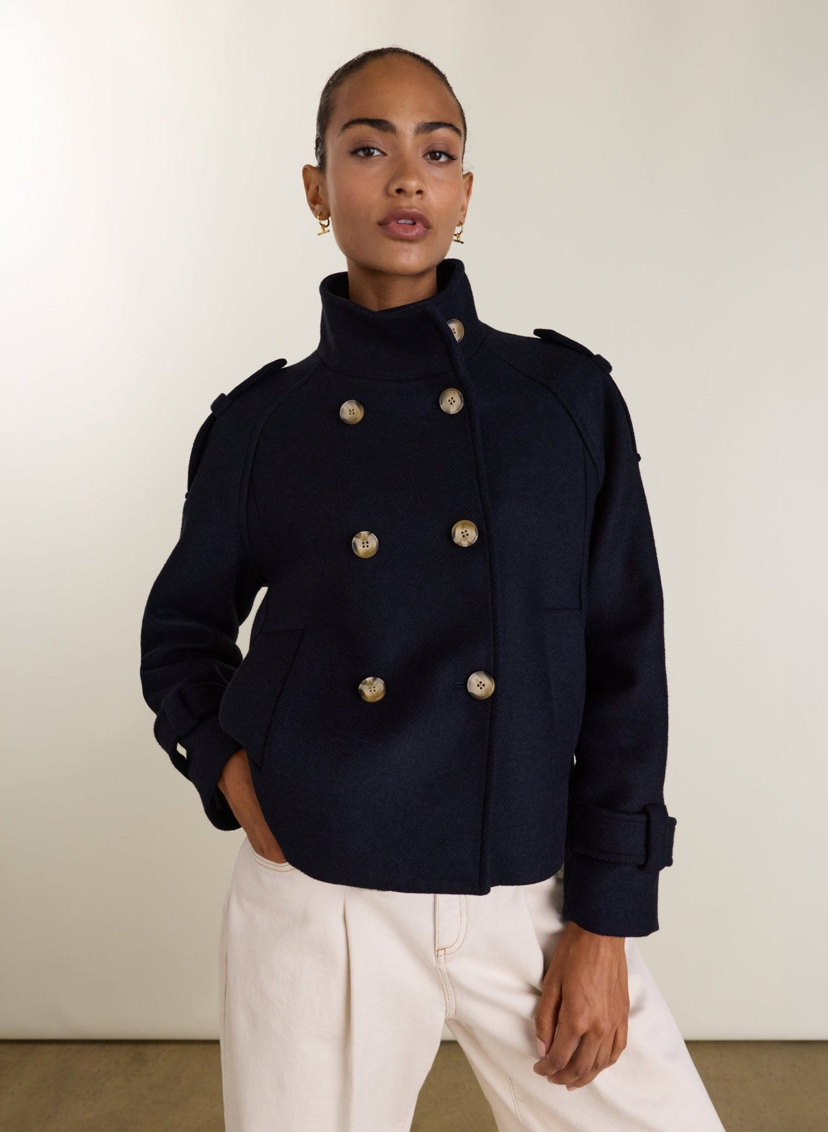 Ally Wool Blend Short Trench Coat - Navy Baukjen