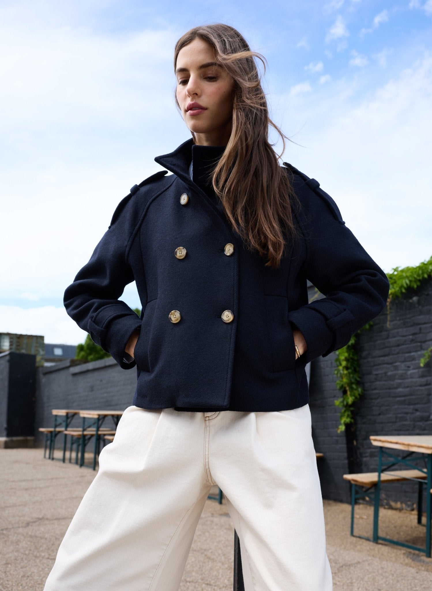 Ally Wool Blend Short Trench Coat - Navy Baukjen