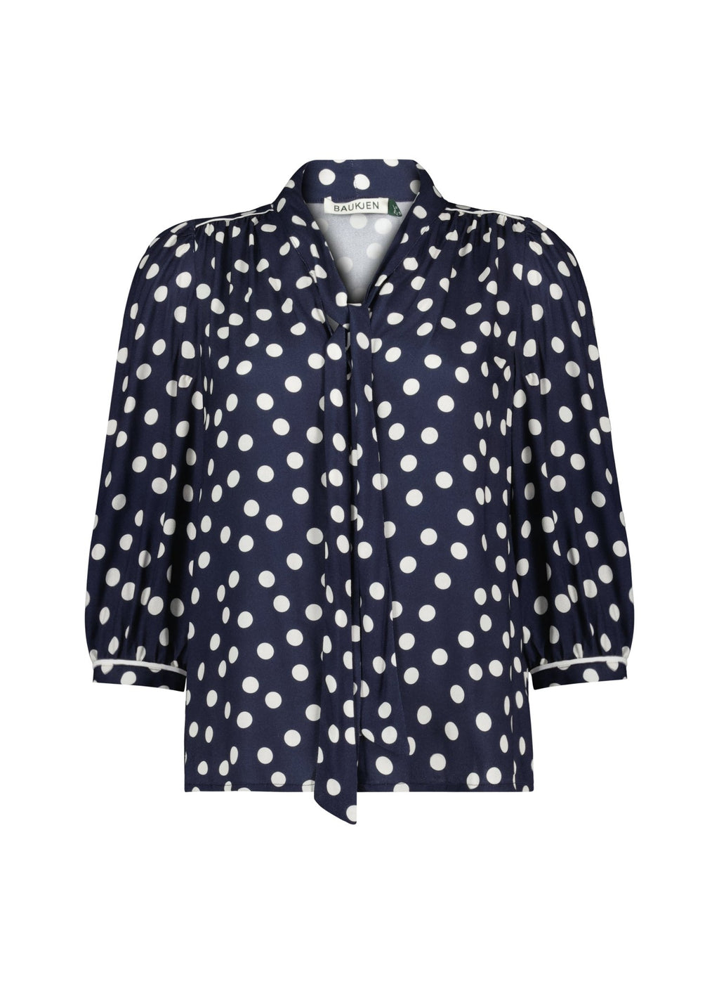 Amalie Printed Tie Neck Blouse - Navy Mini Polka Baukjen