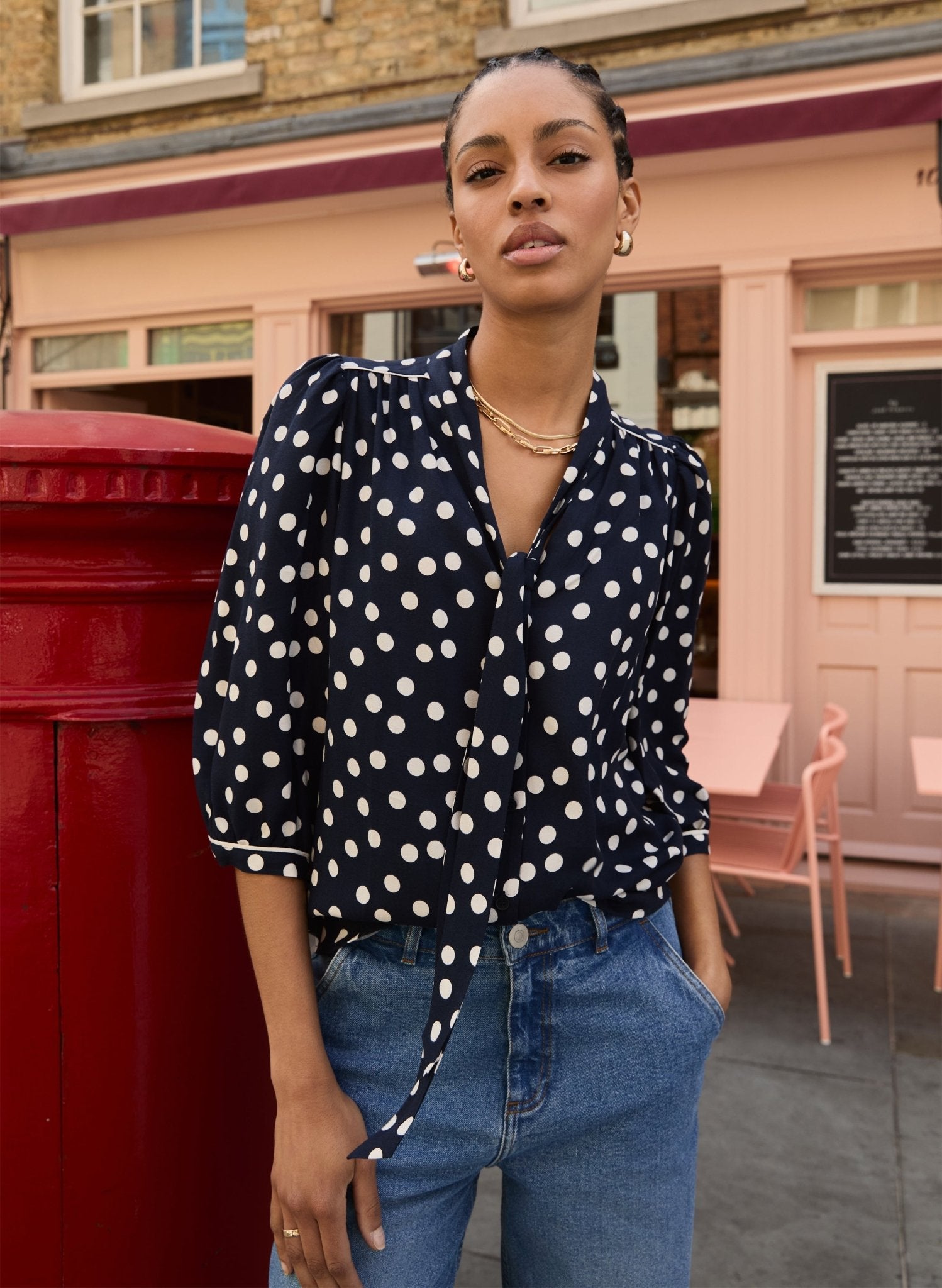 Amalie Printed Tie Neck Blouse - Navy Mini Polka | Baukjen