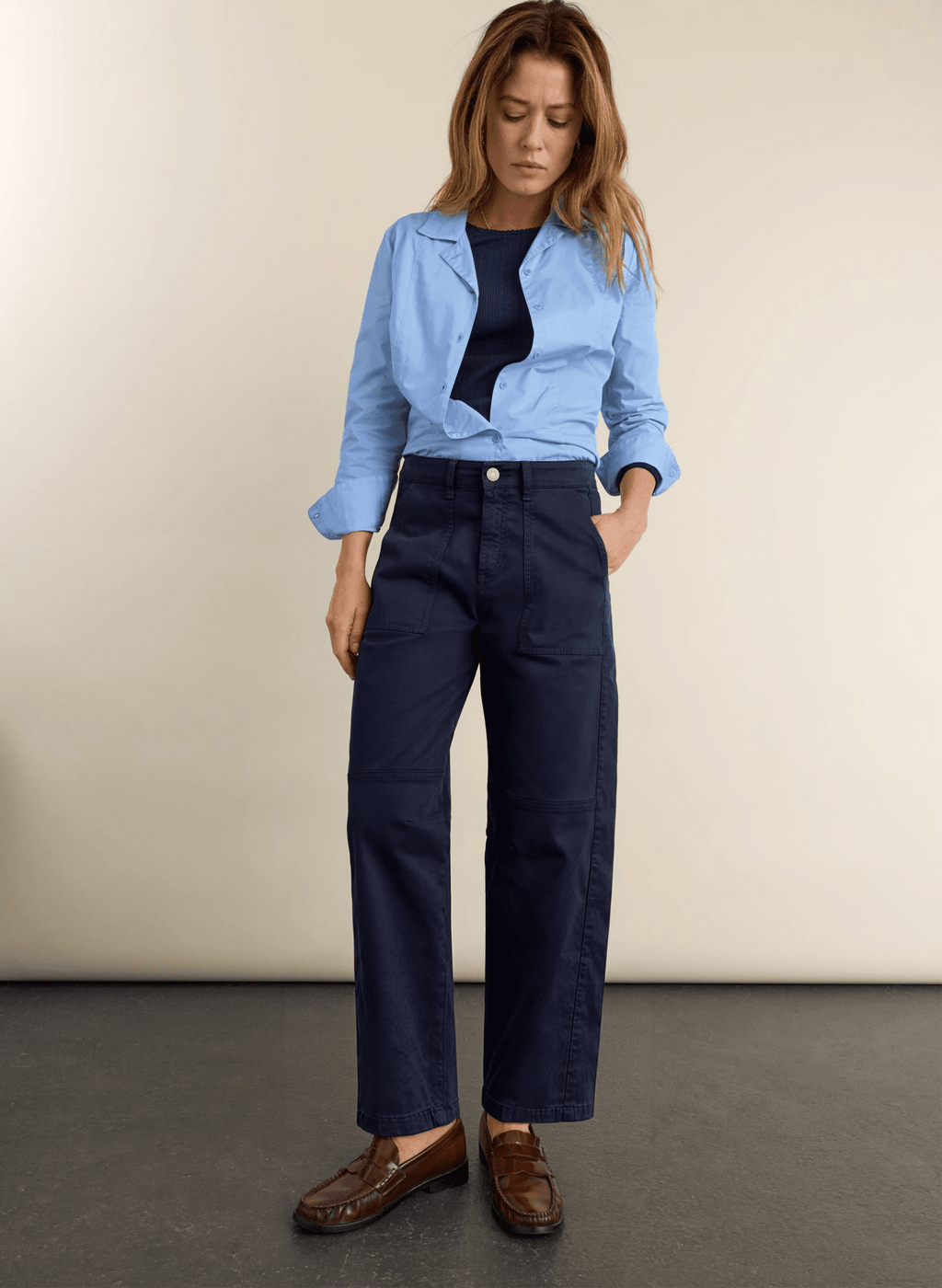 Amelia Organic Cotton Barrel Leg Cargo Trousers - French Navy Baukjen