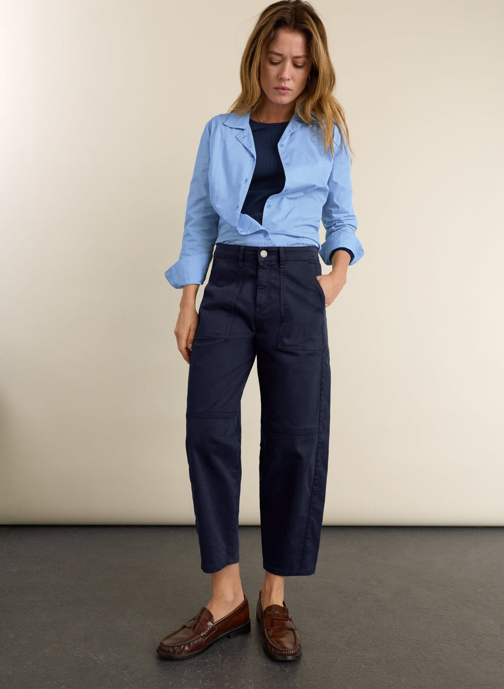 Amelia Organic Cotton Barrel Leg Cargo Trousers - French Navy Baukjen