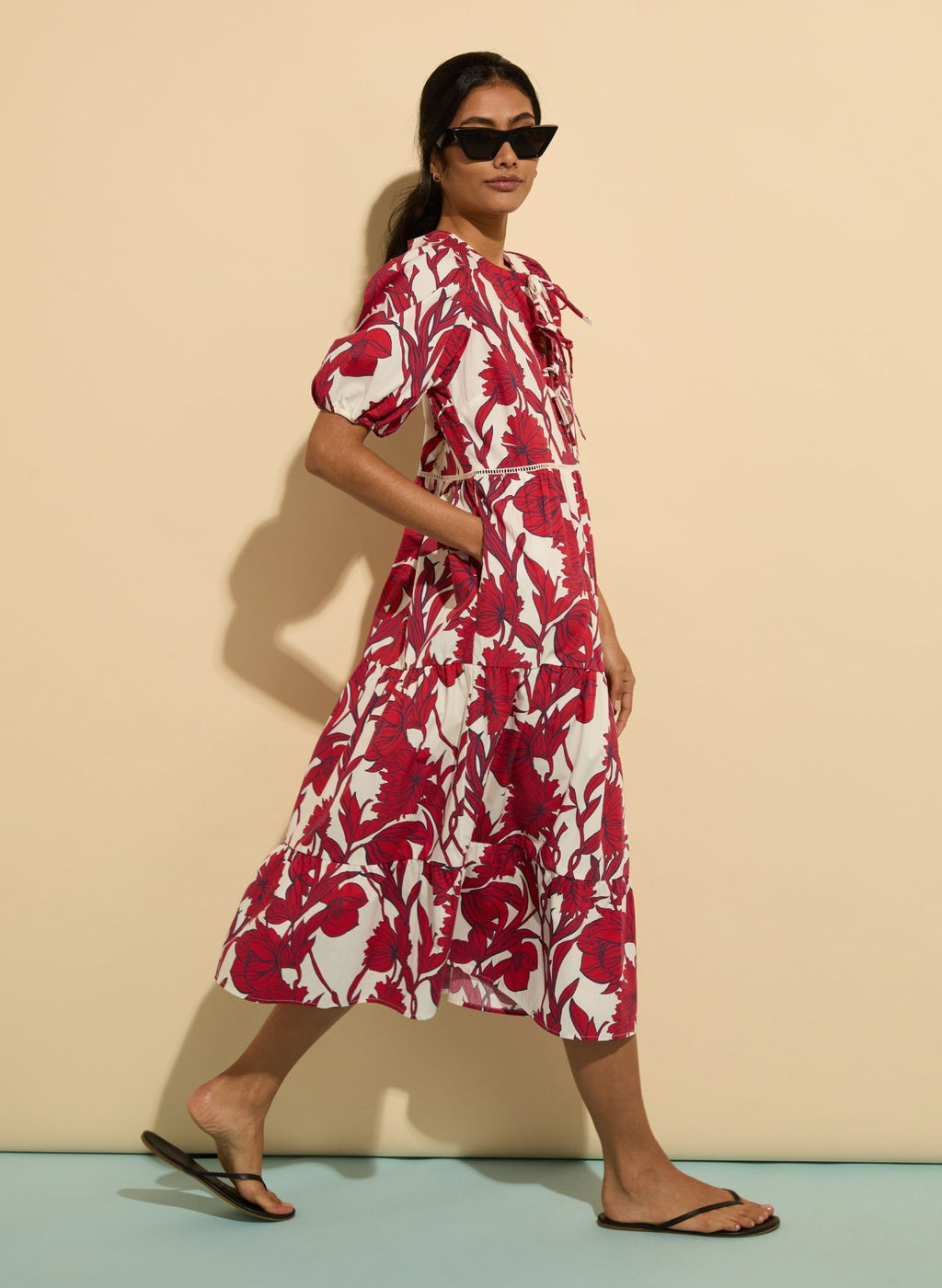 Amelie Organic Cotton Tie Midi Dress - Crimson Dahlia Baukjen