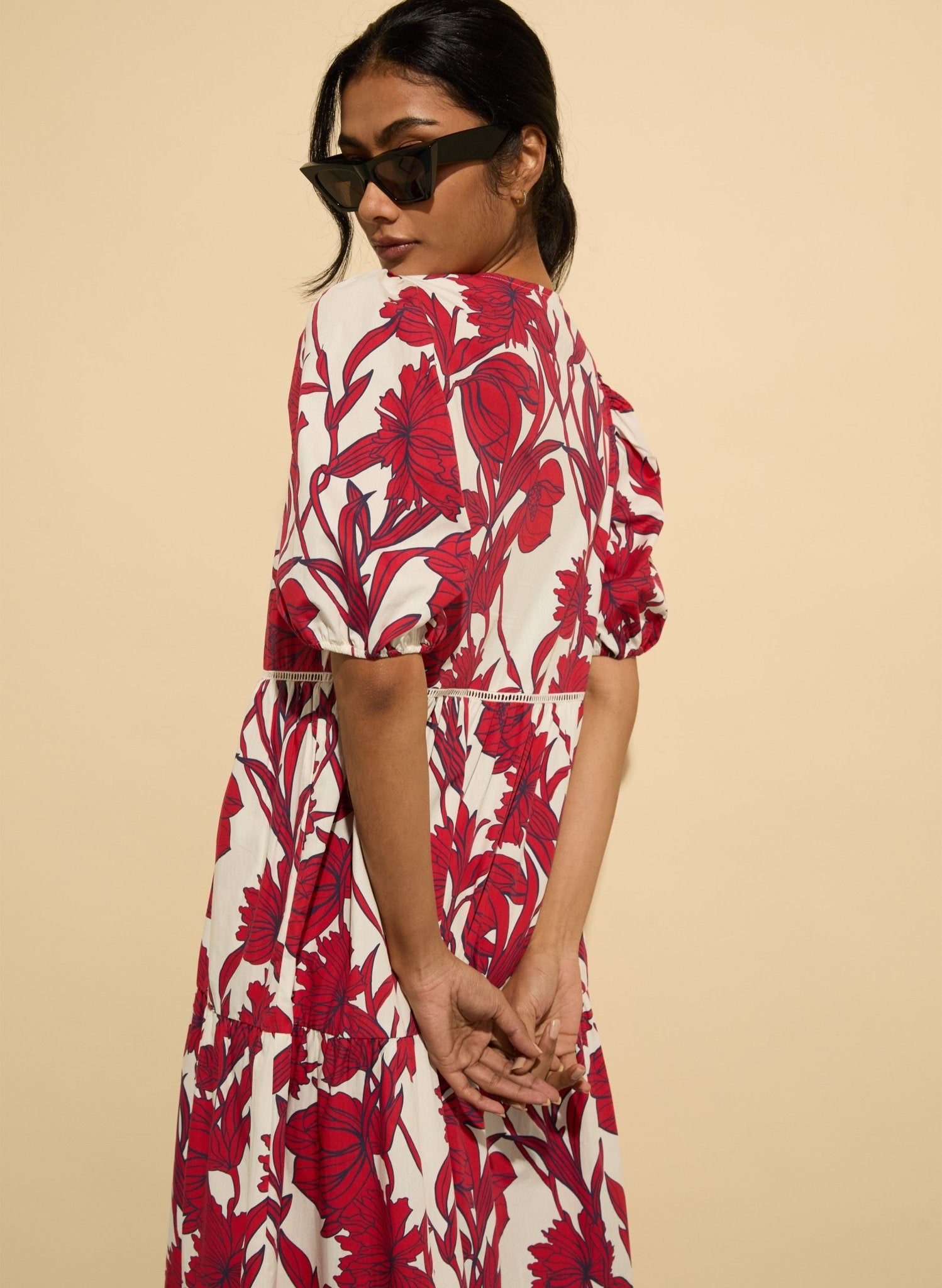 Amelie Organic Cotton Tie Midi Dress - Crimson Dahlia | Baukjen