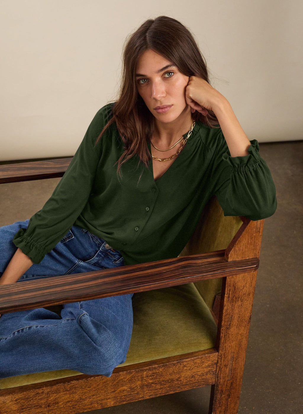 Annie Ruffle Collar Blouse - Khaki Baukjen