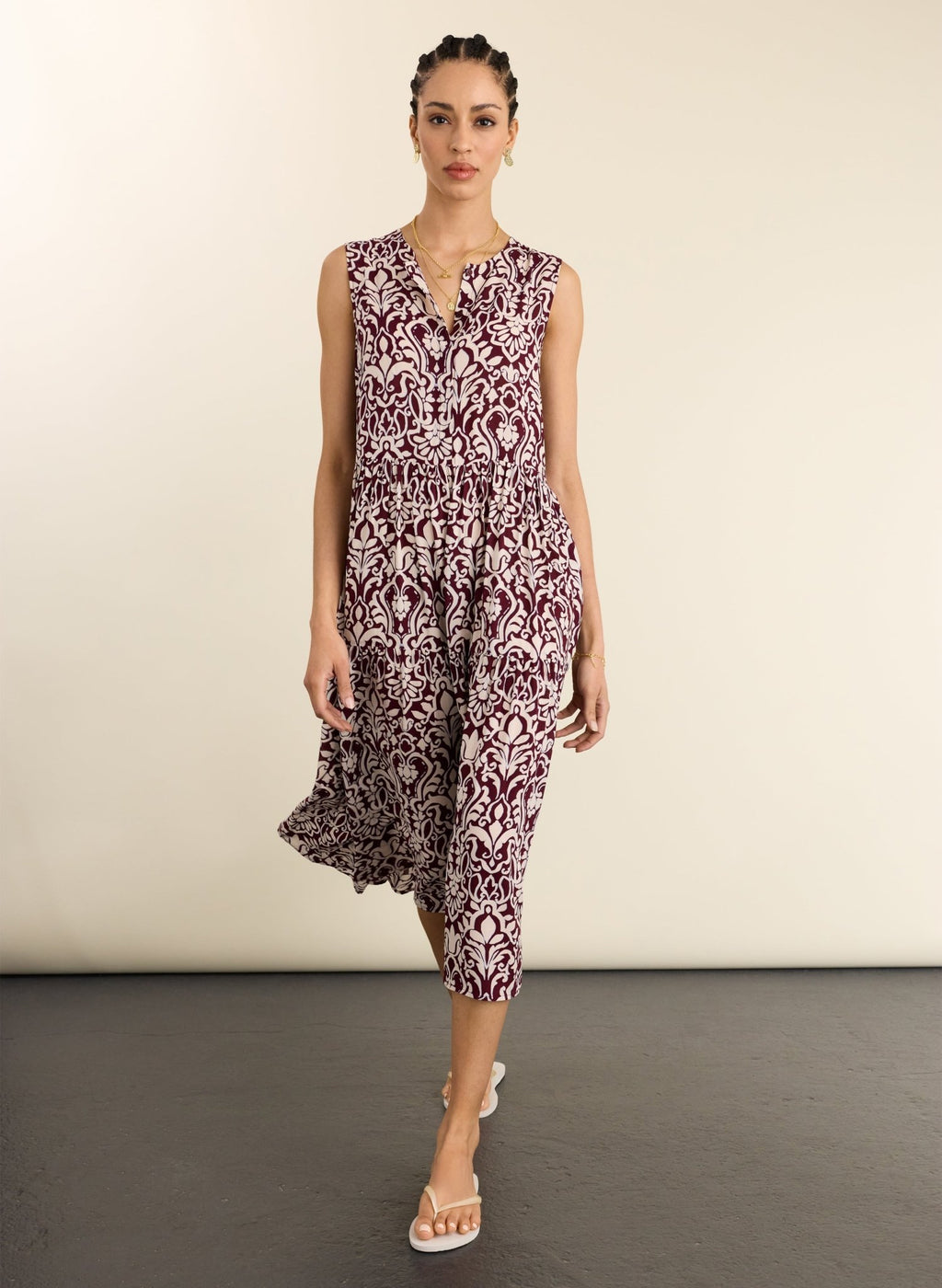 Annmarie Sleeveless Printed Dress - Burgundy Damask Baukjen