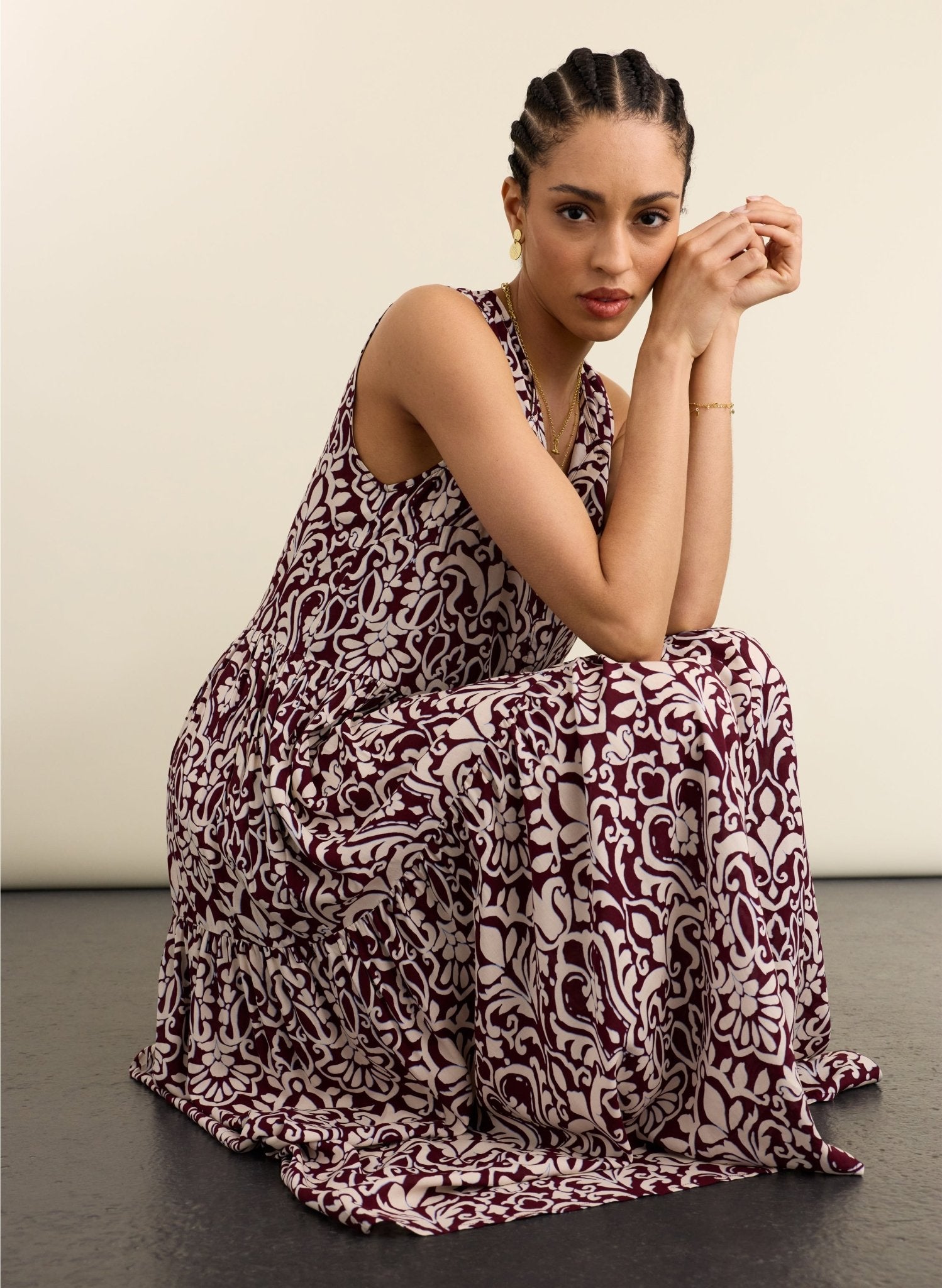 Annmarie Sleeveless Printed Dress - Burgundy Damask Baukjen