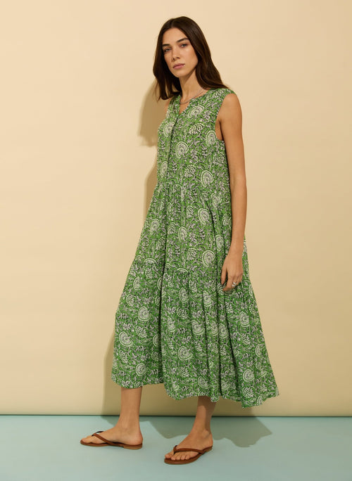 Annmarie Sleeveless Printed Dress - Green Woodblock Floral