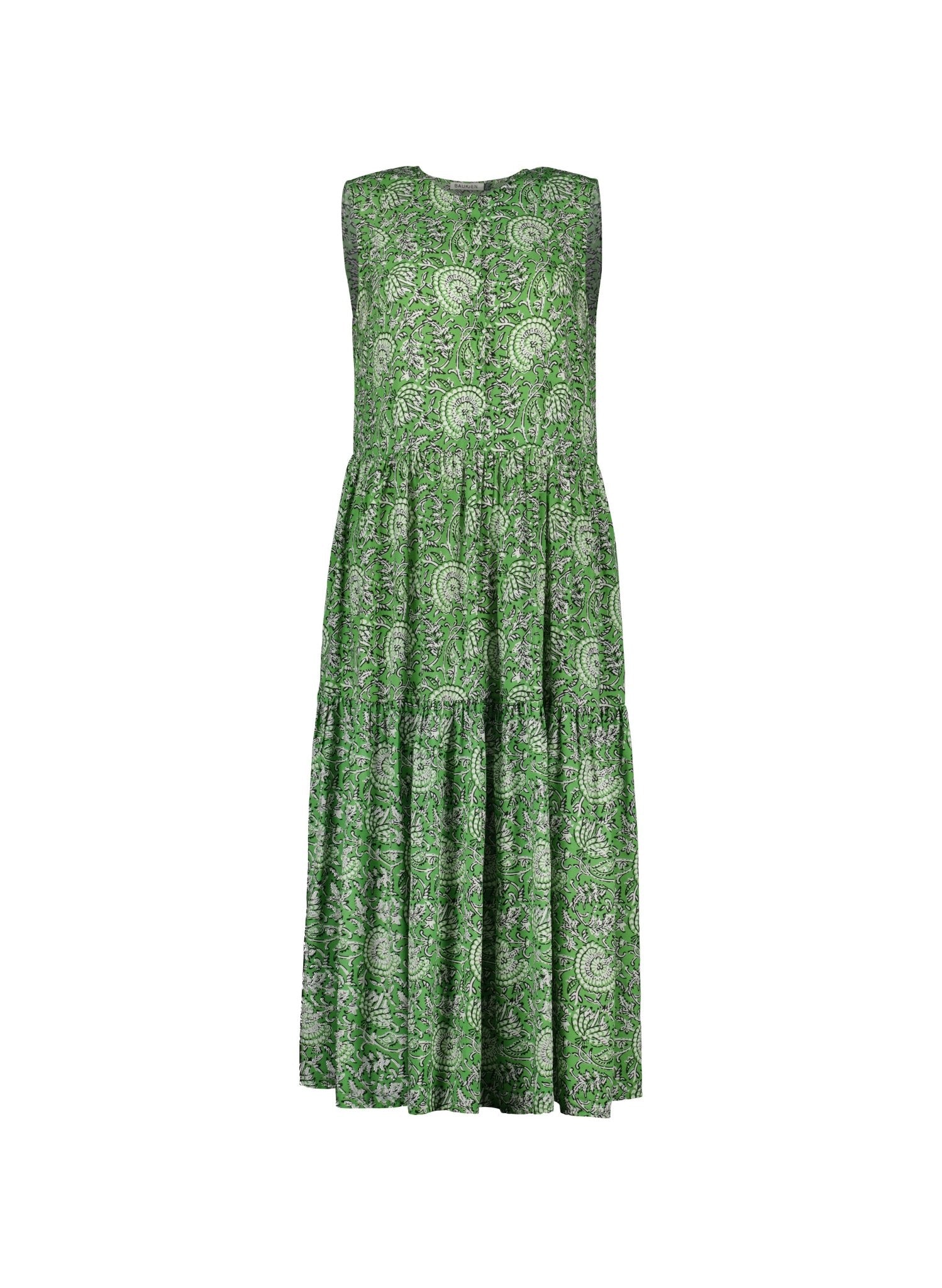 Annmarie Sleeveless Printed Dress - Green Woodblock Floral | Baukjen Annmarie Sleeveless Printed Dress - Green Woodblock Floral | Baukjen