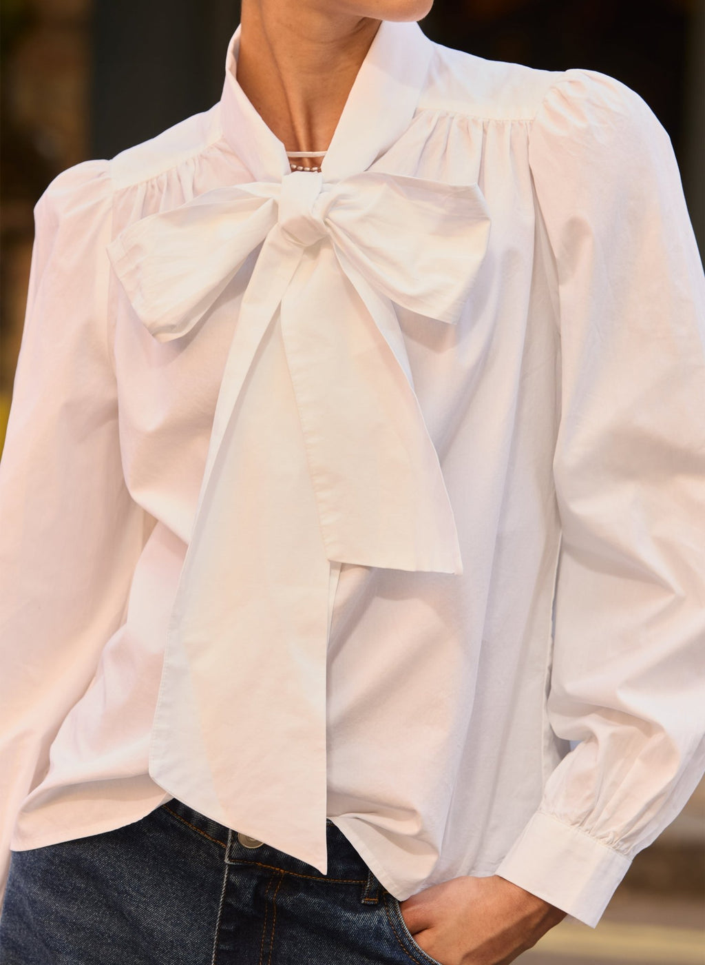 Araya Organic Cotton Bow Neck Blouse - Pure White Baukjen