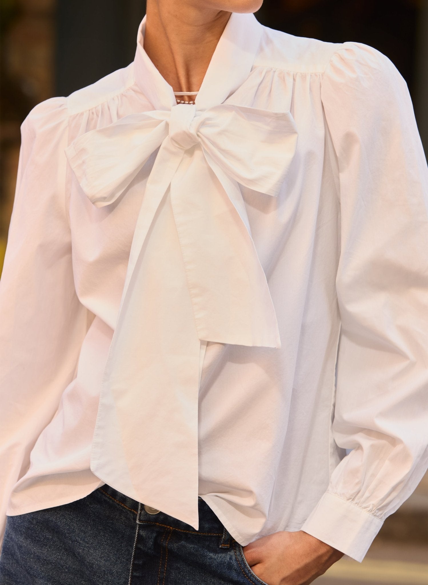 Araya Organic Cotton Bow Neck Blouse - Pure White Baukjen