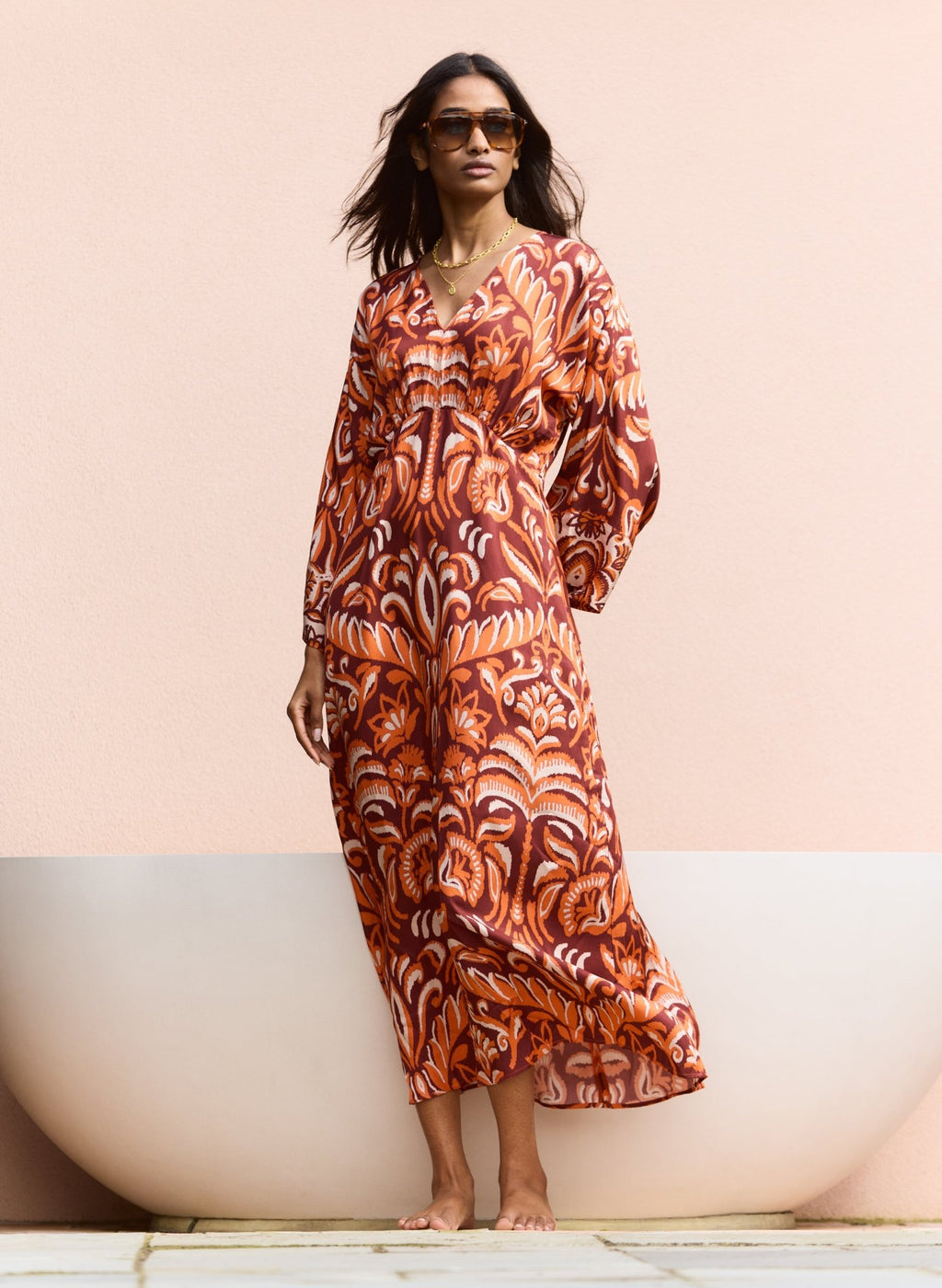 Ariadne Printed Kaftan Dress - Burgundy Palm Mirror Baukjen
