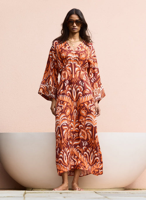 Ariadne Printed Kaftan Dress - Burgundy Palm Mirror Baukjen