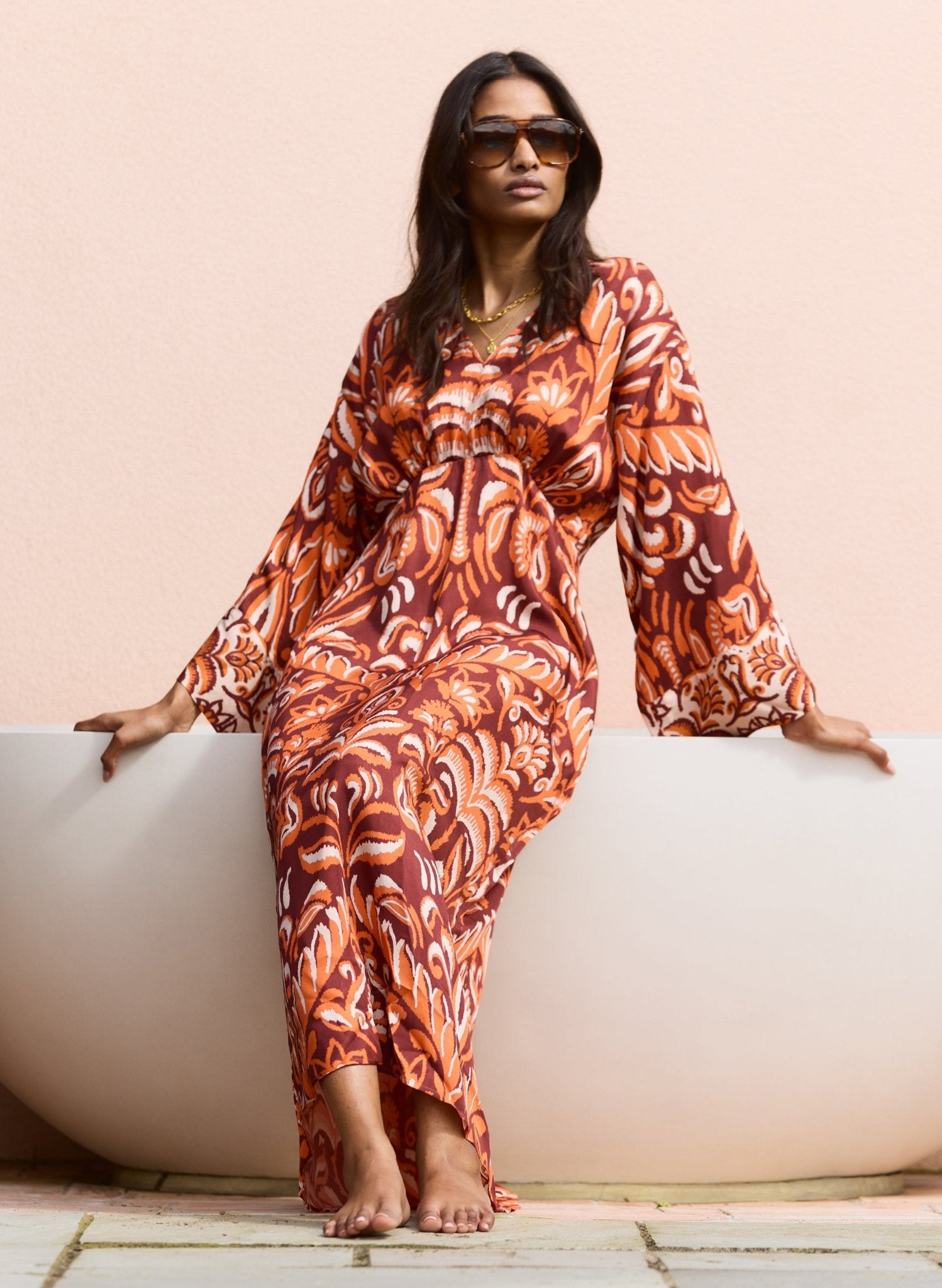 Ariadne Printed Kaftan Dress - Burgundy Palm Mirror Baukjen