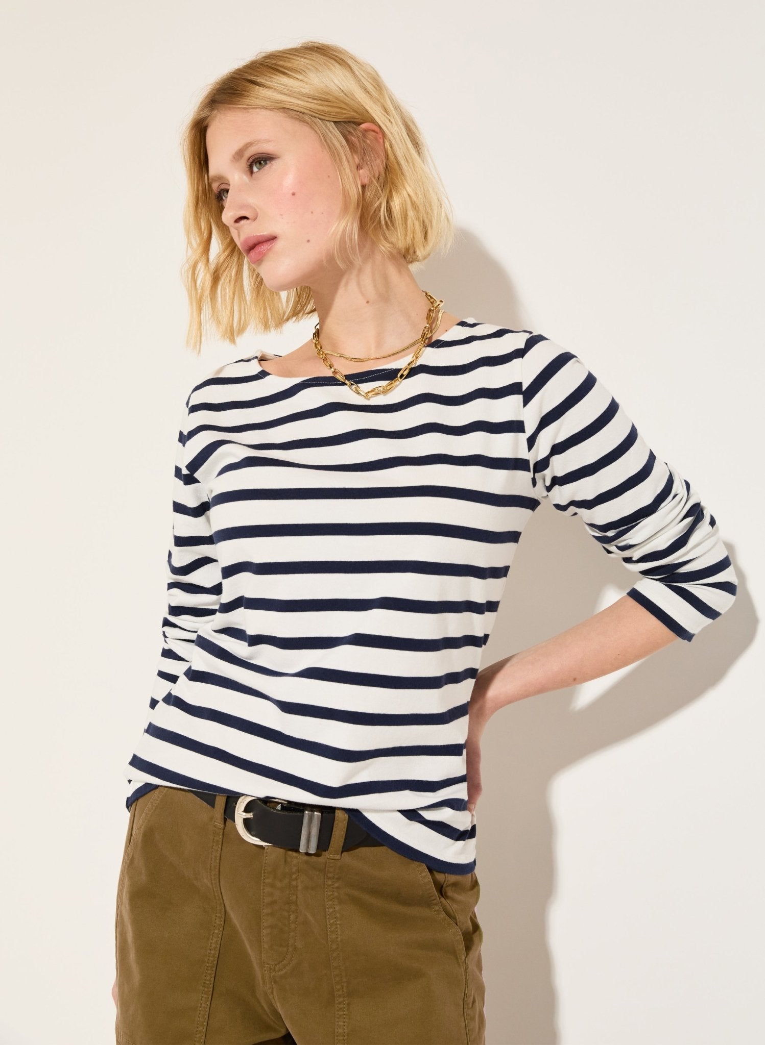 Ashley Organic Cotton Top - Soft White & Deep indigo Baukjen