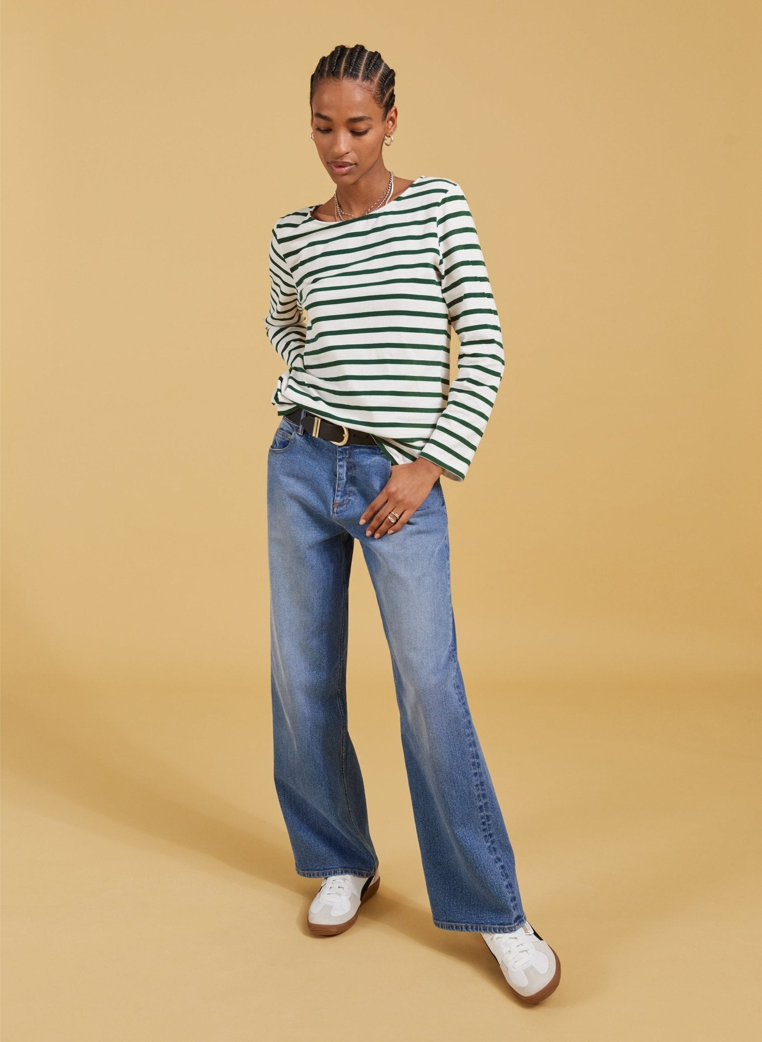 Ashley Organic Cotton Top - Soft White & Forest Green Baukjen