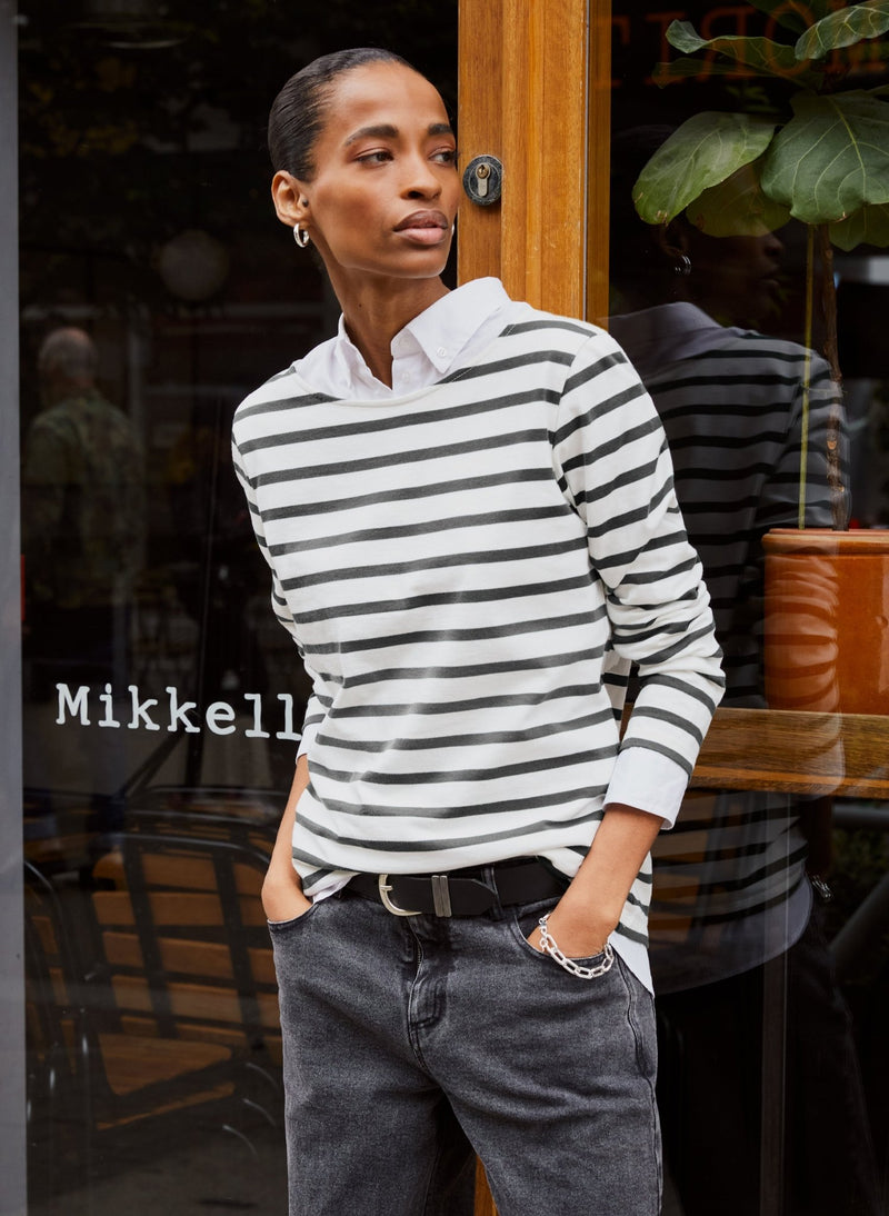 Ashley Organic Cotton Top - Soft White & Grey Stripe Baukjen